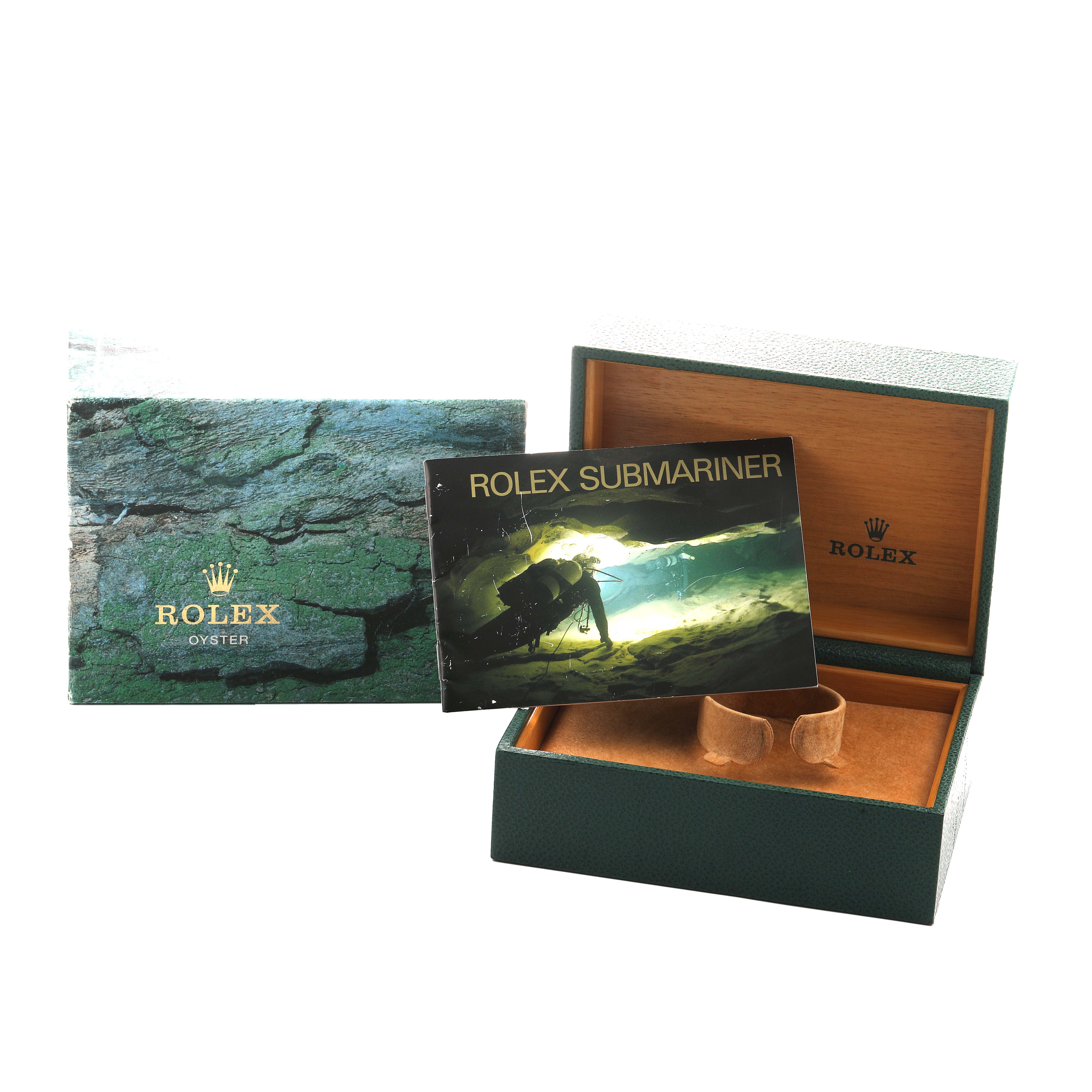 The image shows a Rolex Submariner 16610 Men's Stainless Steel Black Dial box set with an open wooden interior, an outer box, and a booklet.