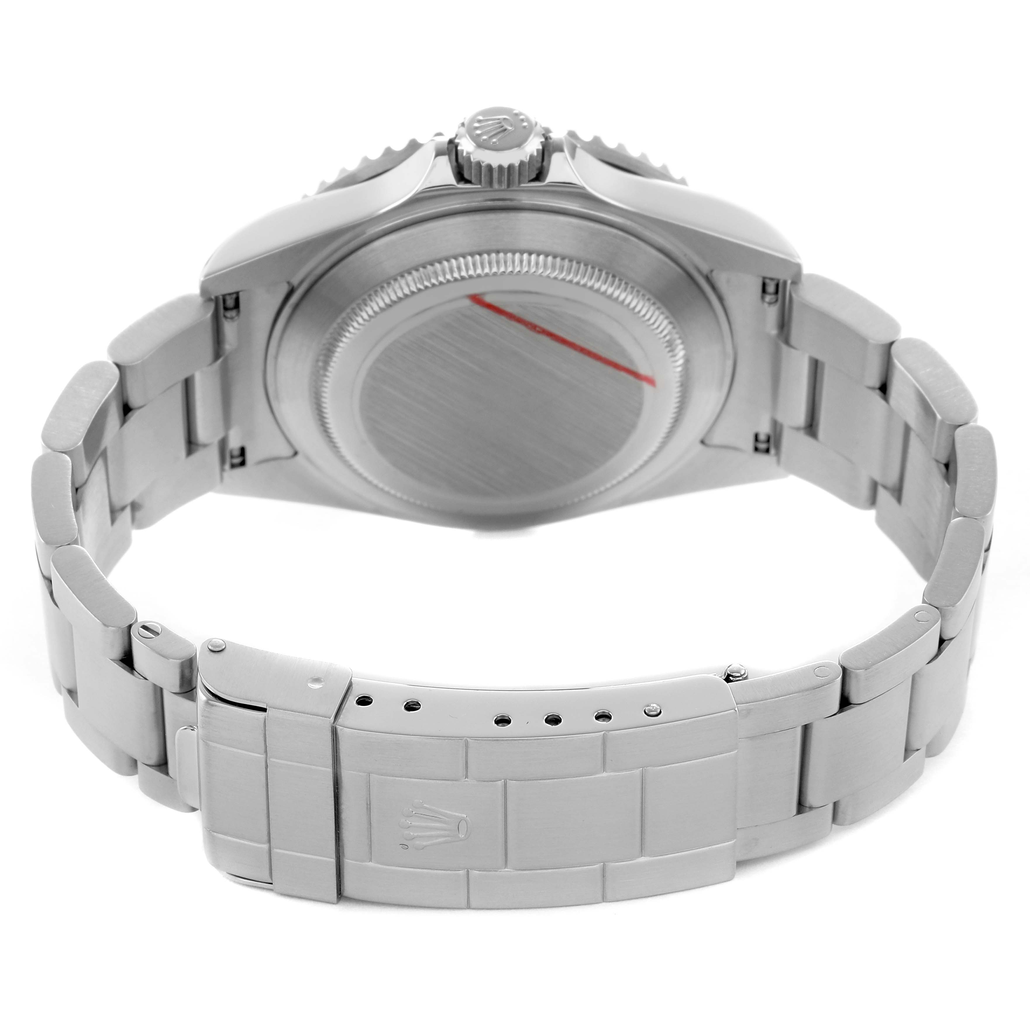 The image shows the back of a Rolex Submariner 16610 Men's Stainless Steel Black Dial, highlighting the bracelet, clasp, and case back.