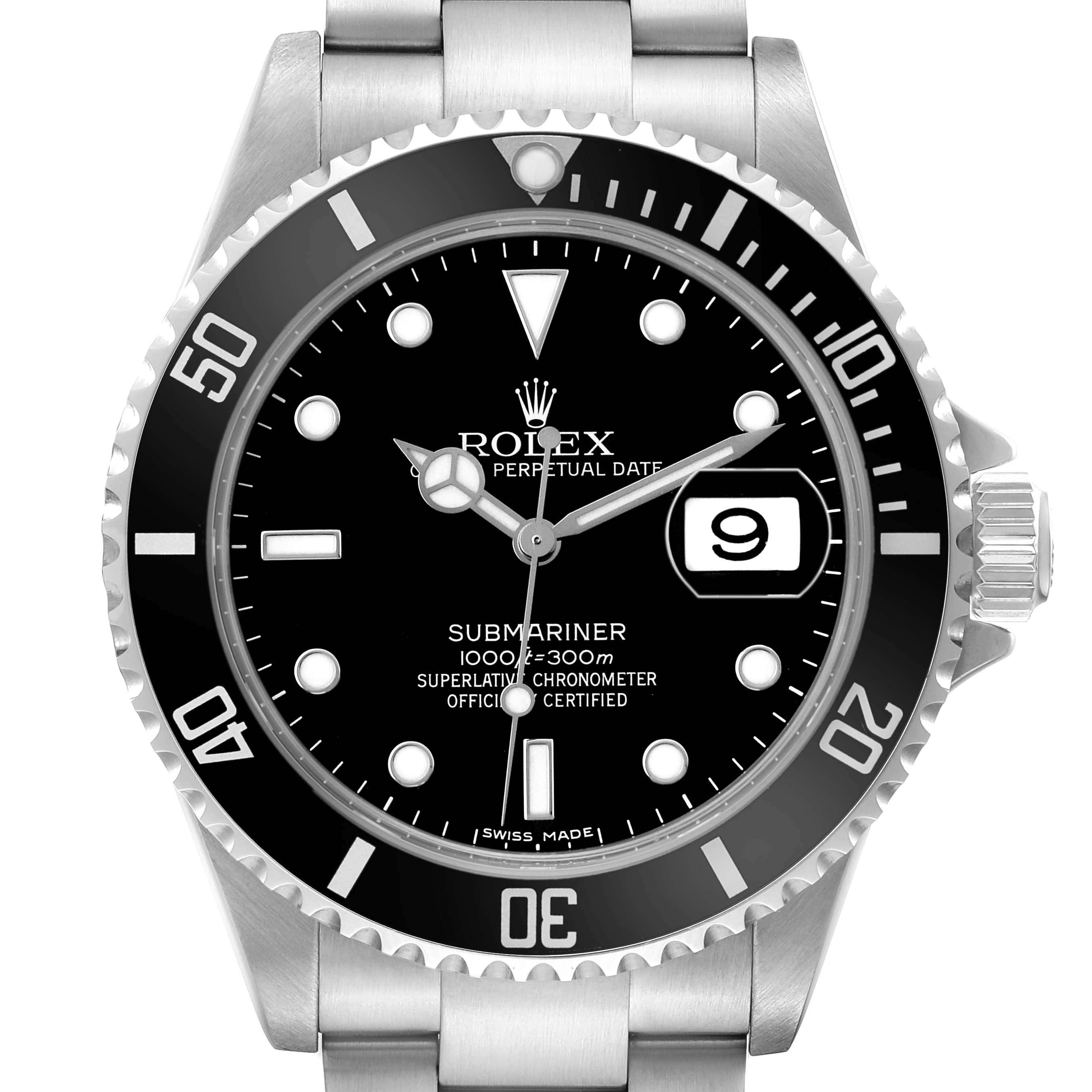 The Rolex Submariner 16610 Men's Stainless Steel Black Dial watch is shown from a front view, displaying its face, bezel, and part of the bracelet.