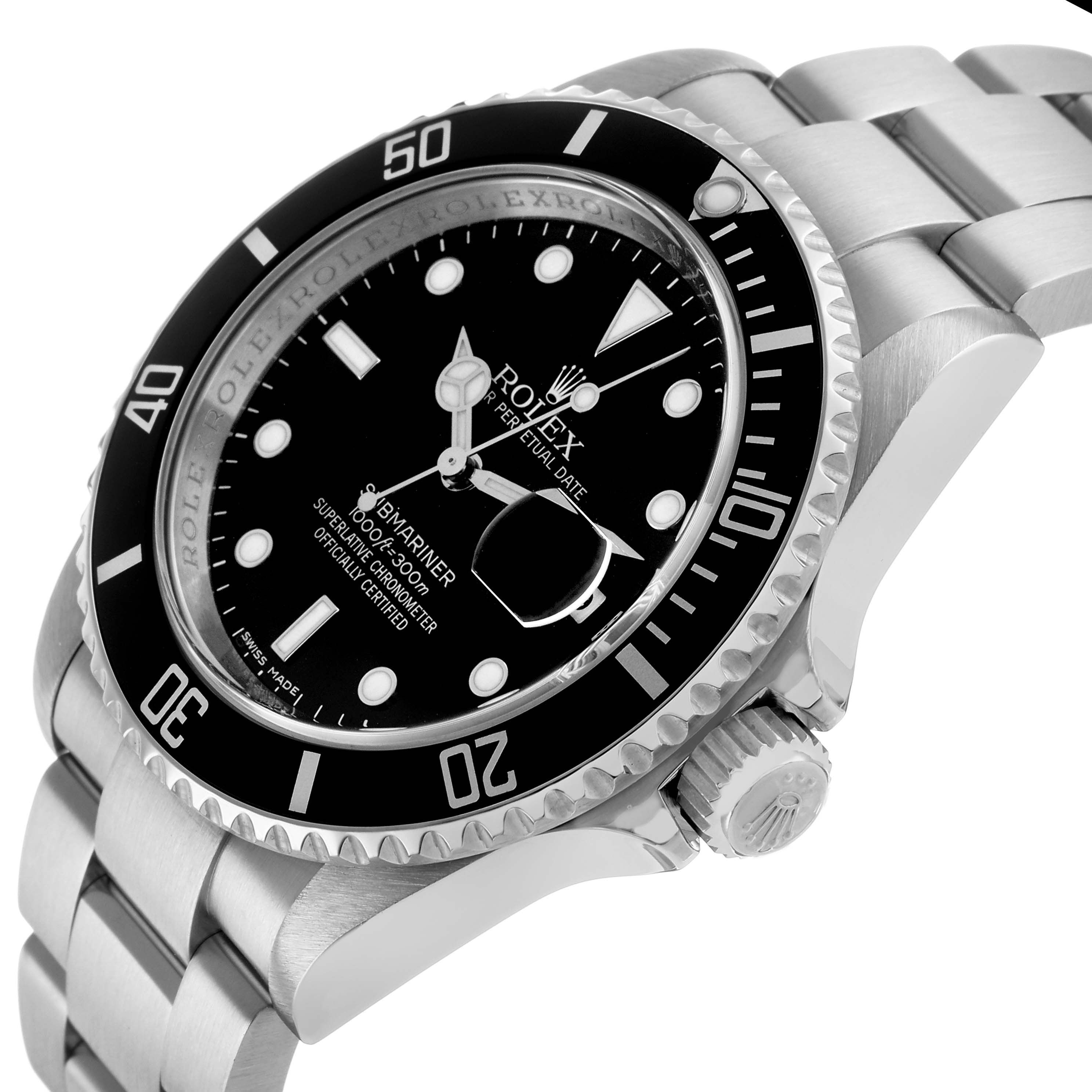 The Rolex Submariner 16610 Men's Stainless Steel Black Dial watch is shown from an angled side view, highlighting the dial, bezel, and bracelet.