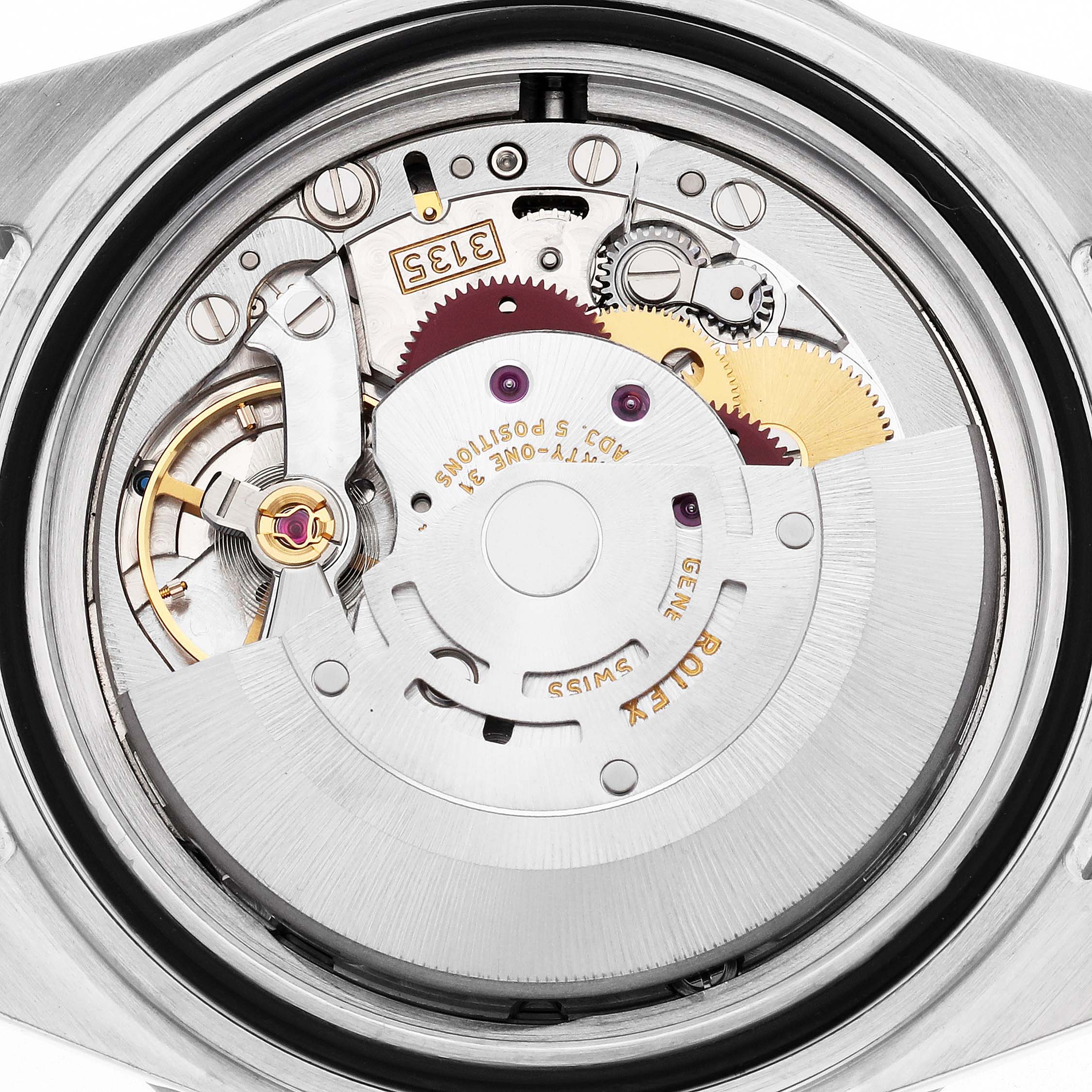 The image shows the movement mechanism of a Rolex Submariner 16610 Men's Stainless Steel Black Dial watch from a top view, highlighting gears and components.