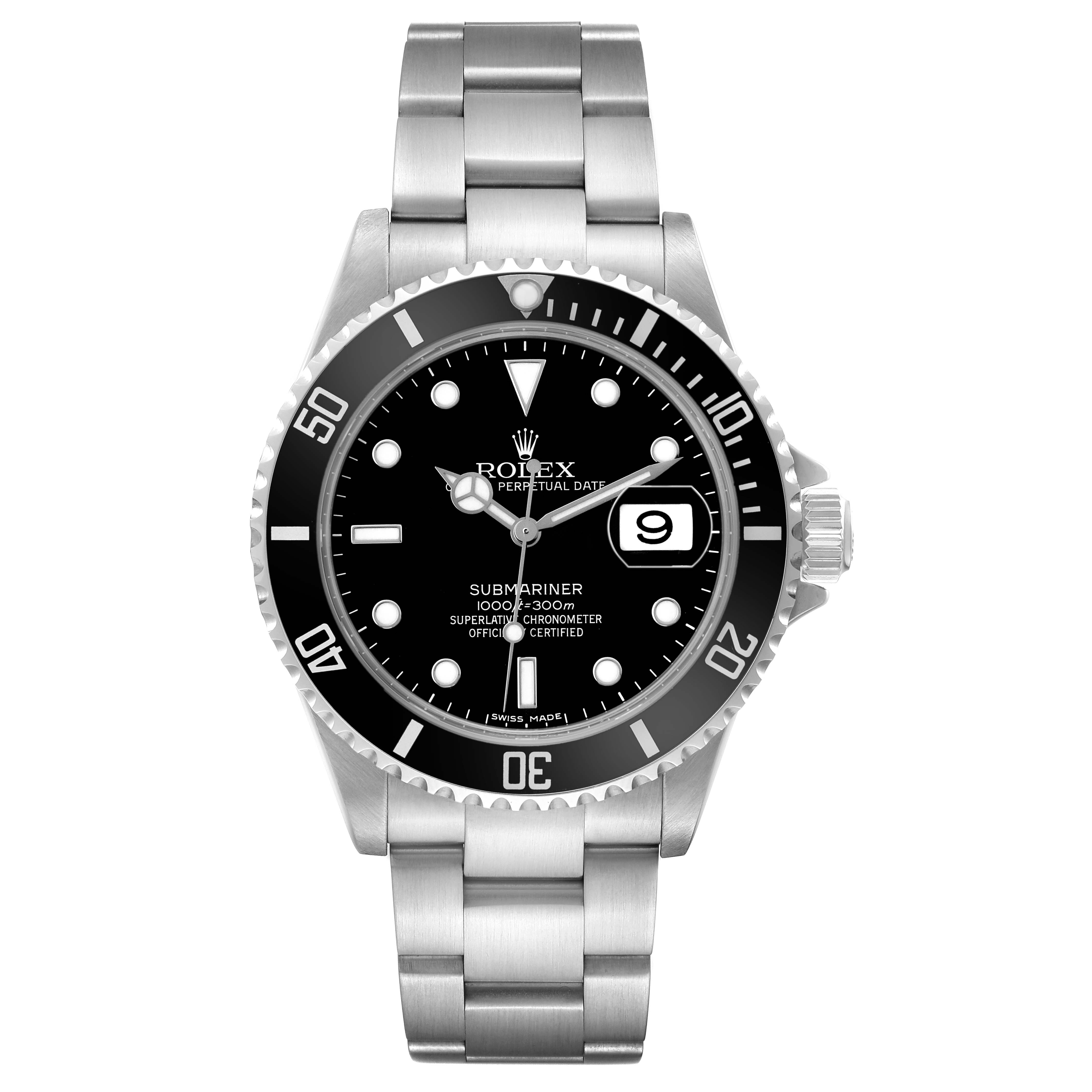 The Rolex Submariner 16610 Men's Stainless Steel Black Dial watch is shown from a top-down angle, displaying its face, bezel, and stainless steel bracelet.