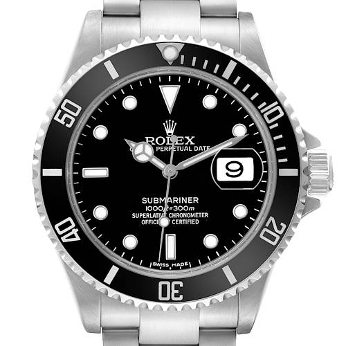 The Rolex Submariner 16610 Men's Stainless Steel Black Dial watch is shown from a front angle, displaying the face, bezel, crown, and part of the bracelet.