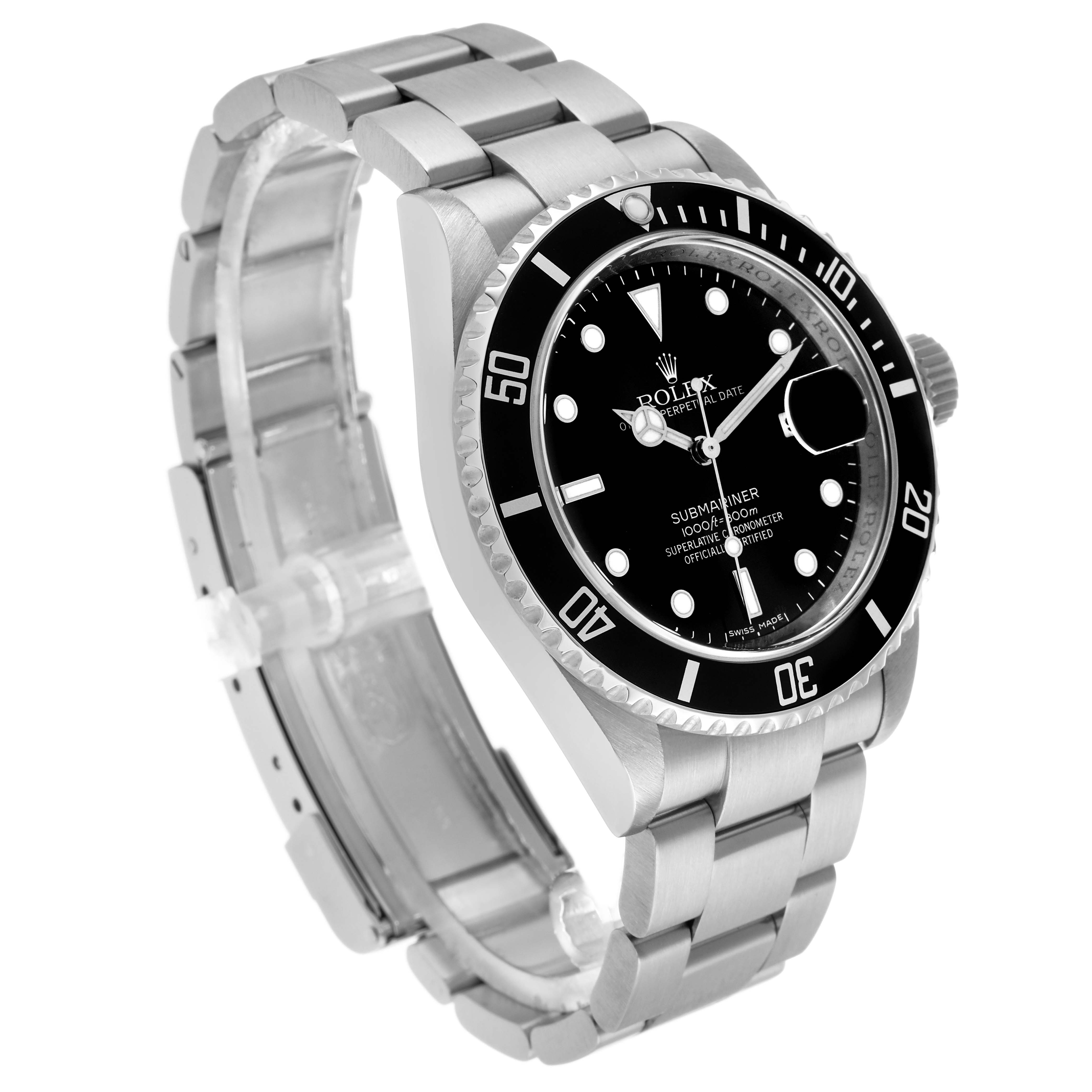The Rolex Submariner 16610 Men's Stainless Steel Black Dial watch is shown at a three-quarter angle, displaying the bracelet, bezel, dial, and crown.