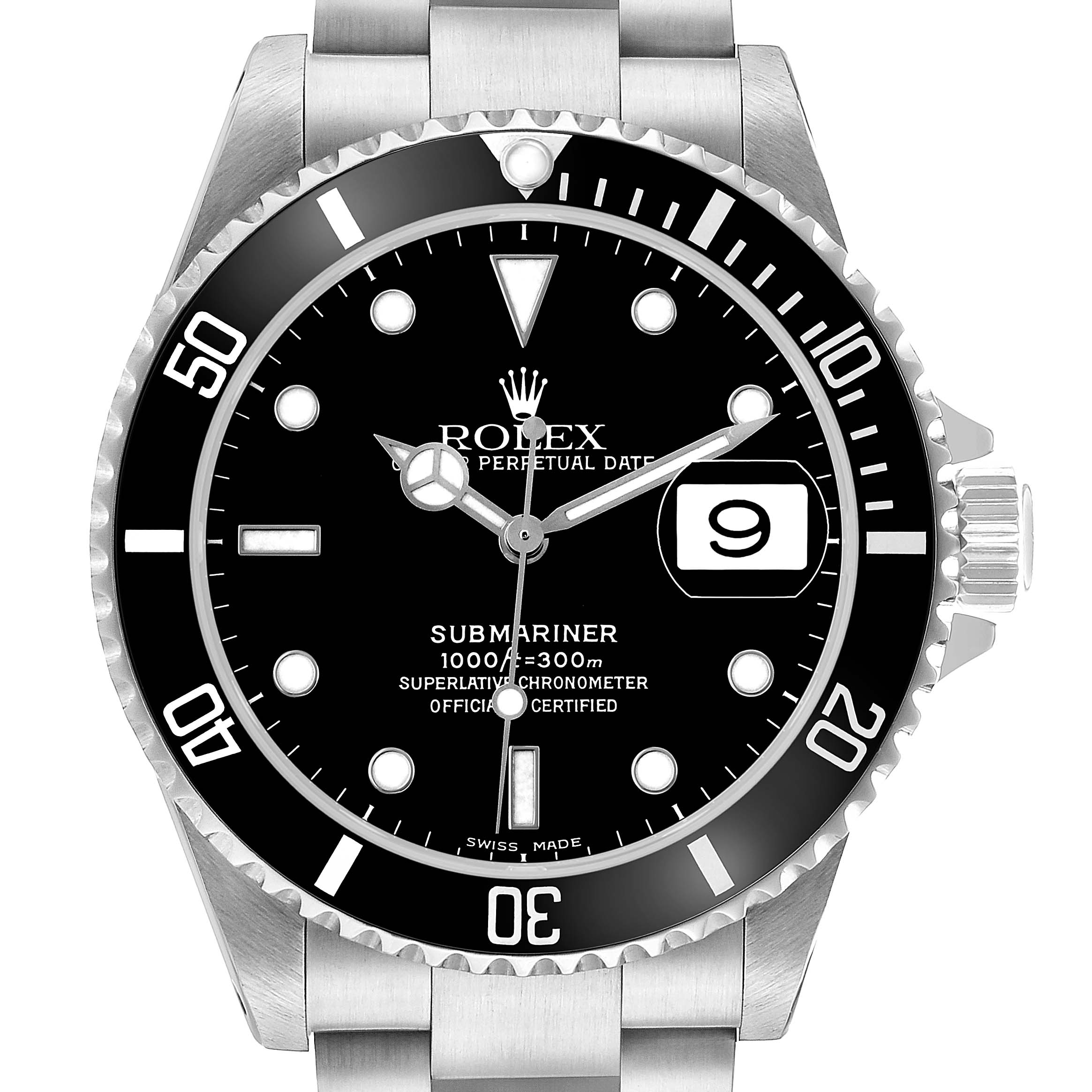 The image shows a front view of the Rolex Submariner 16610 Men's Stainless Steel Black Dial watch, highlighting the dial, bezel, and part of the bracelet.