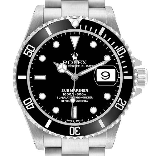The Rolex Submariner 16610 Men's Stainless Steel Black Dial watch is shown from the front, displaying the dial, bezel, and part of the bracelet.