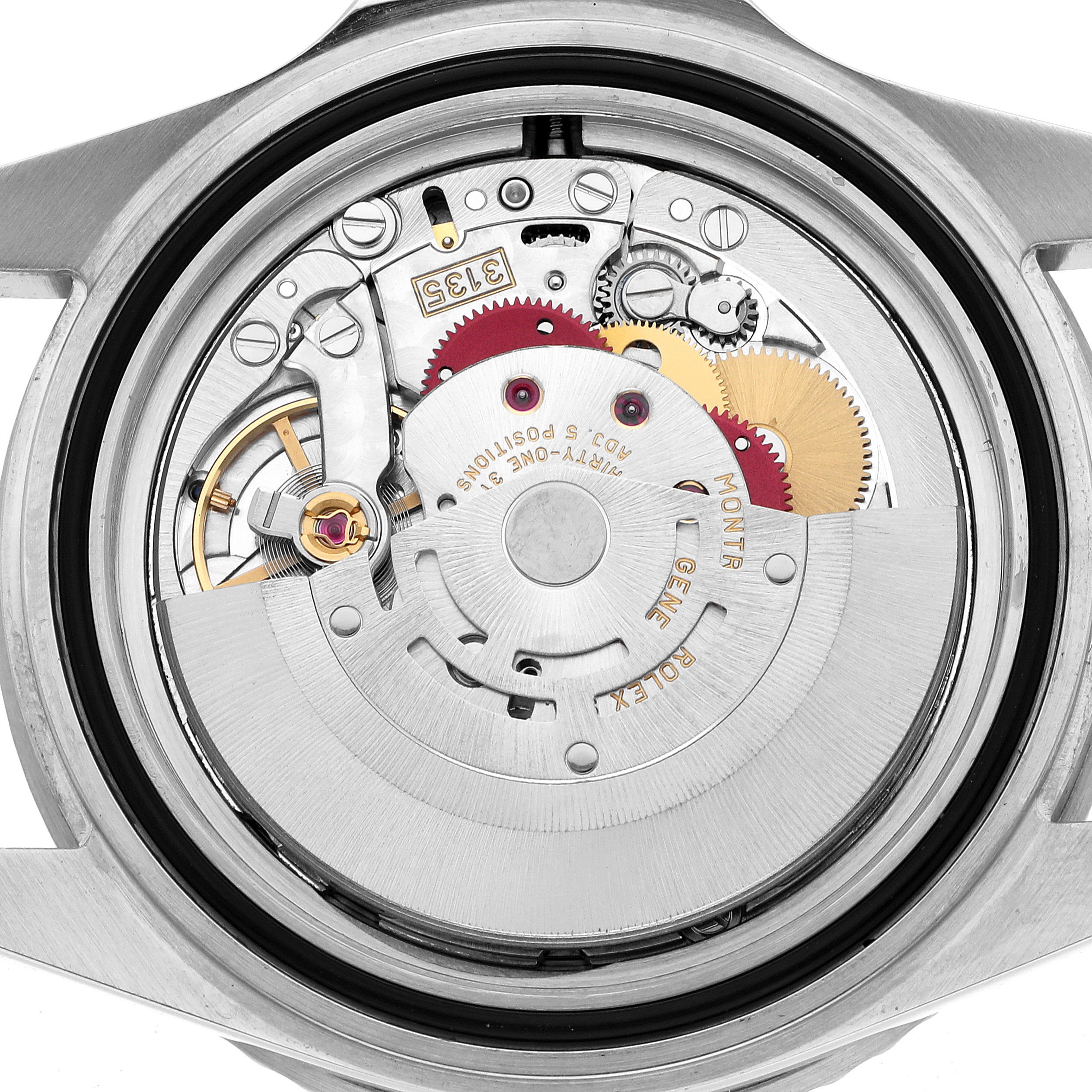 The image shows the back view of the Rolex Submariner 16610 Men's Stainless Steel Black Dial, featuring its intricate internal movement components.