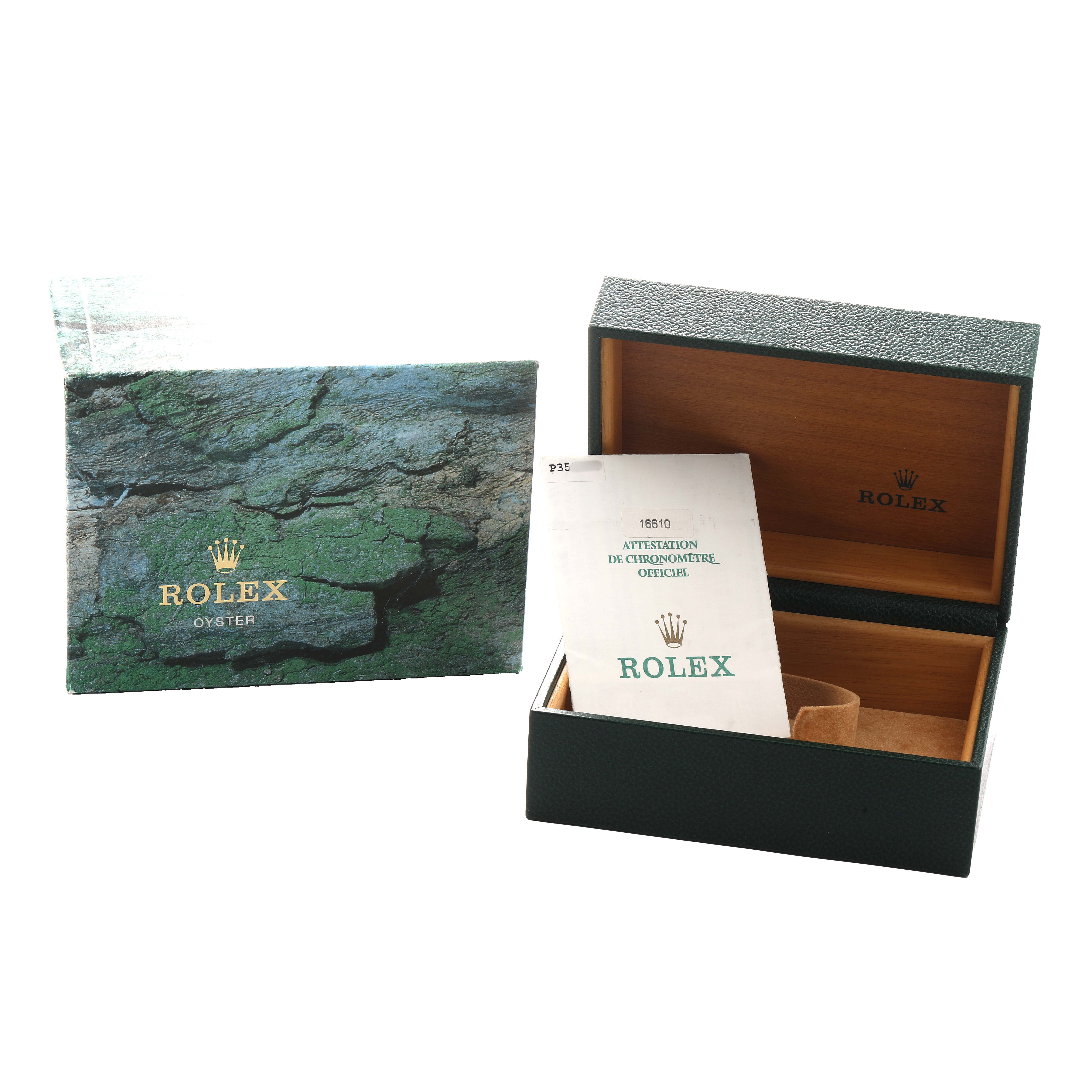 The image shows a Rolex Submariner 16610 Men's Stainless Steel Black Dial box set with an open case, outer box, and manual booklet displayed.