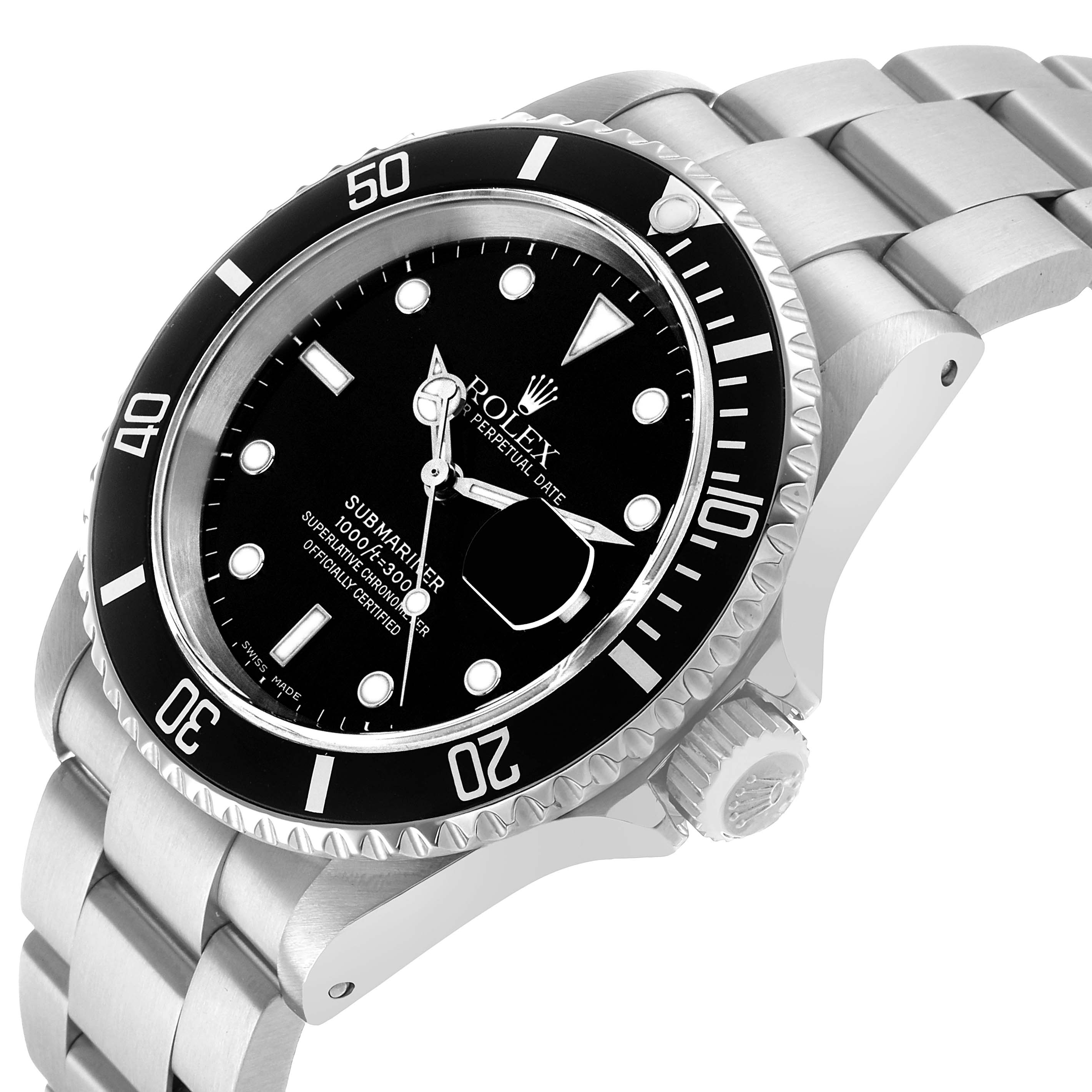 The Rolex Submariner 16610 Men's Stainless Steel Black Dial is shown at a front angle, highlighting the dial, bezel, case, and part of the bracelet.