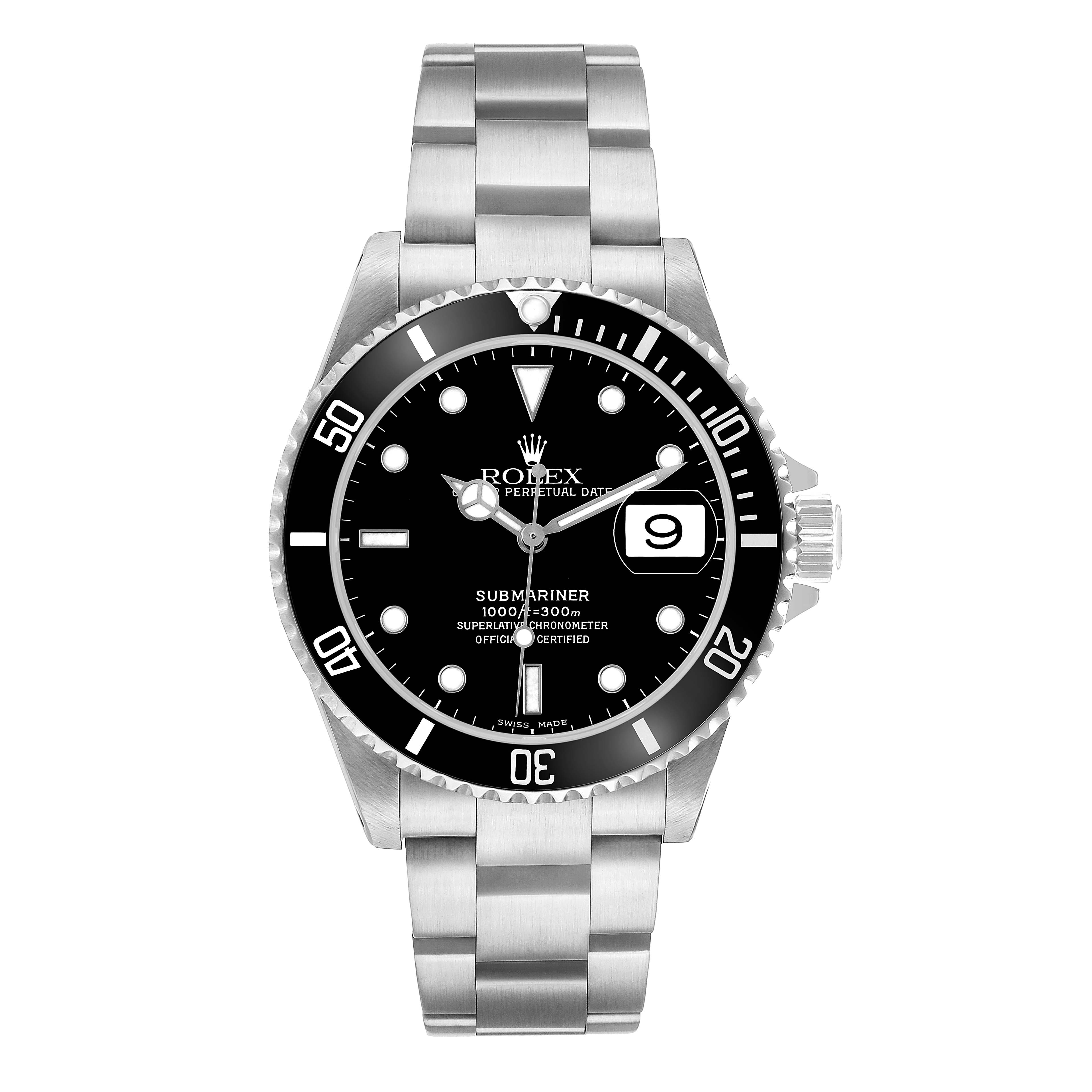 The Rolex Submariner 16610 Men's Stainless Steel Black Dial is shown from a front view, displaying the dial, bezel, bracelet, and date window.