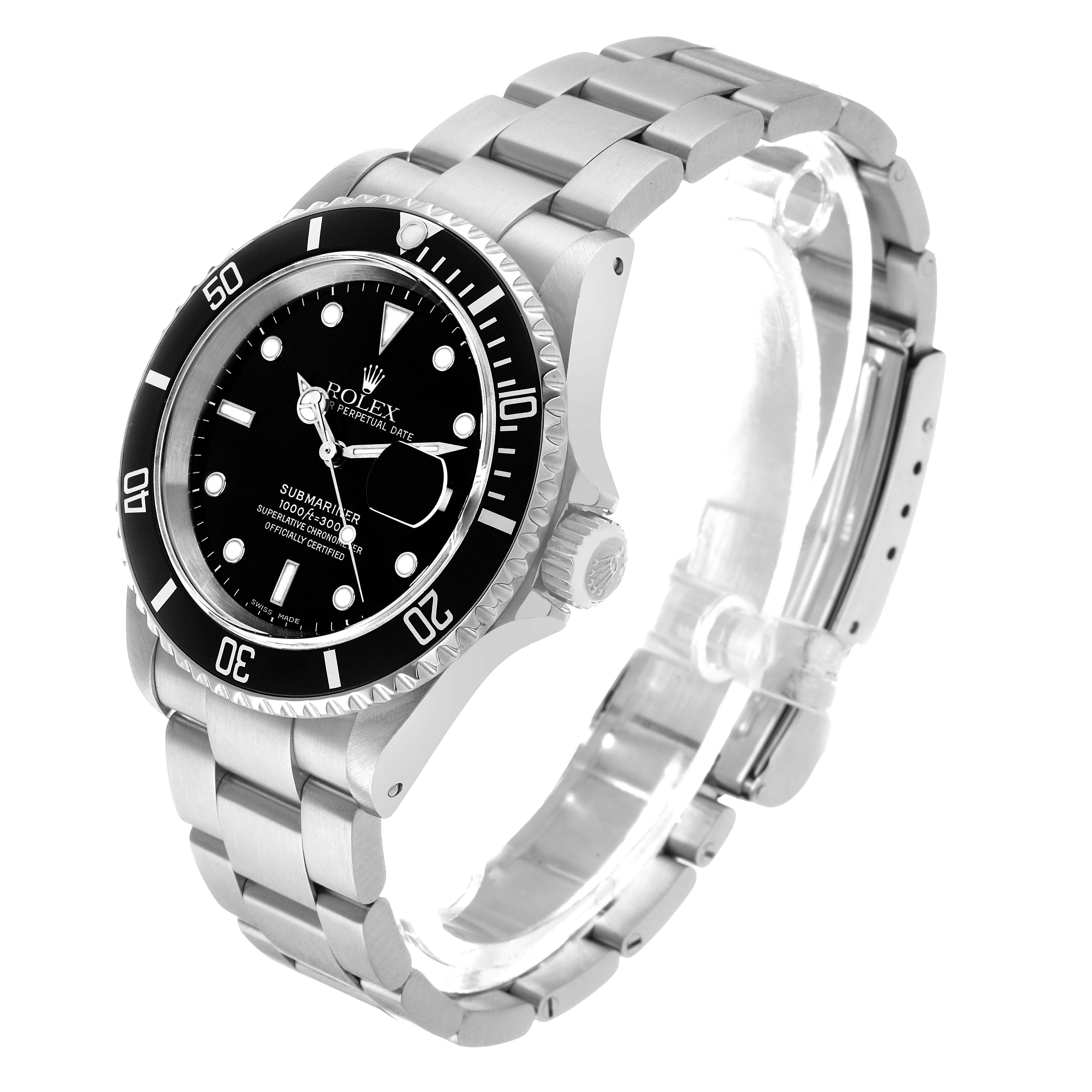 The Rolex Submariner 16610 Men's Stainless Steel Black Dial watch is shown at an angled side view, displaying its bezel, dial, crown, and bracelet.