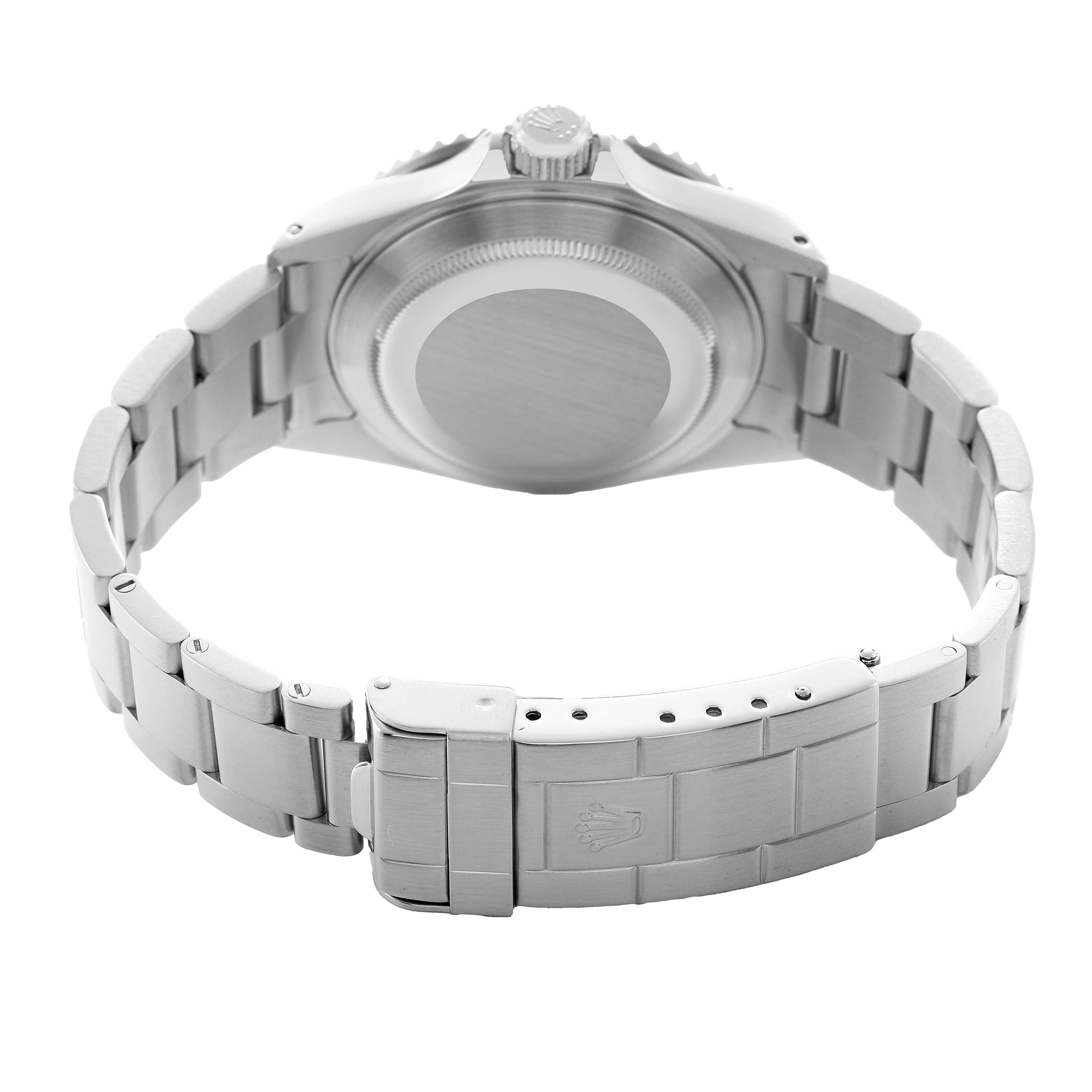 The Rolex Submariner 16610 Men's Stainless Steel Black Dial is shown from the back, highlighting the case back, crown, and bracelet clasp.