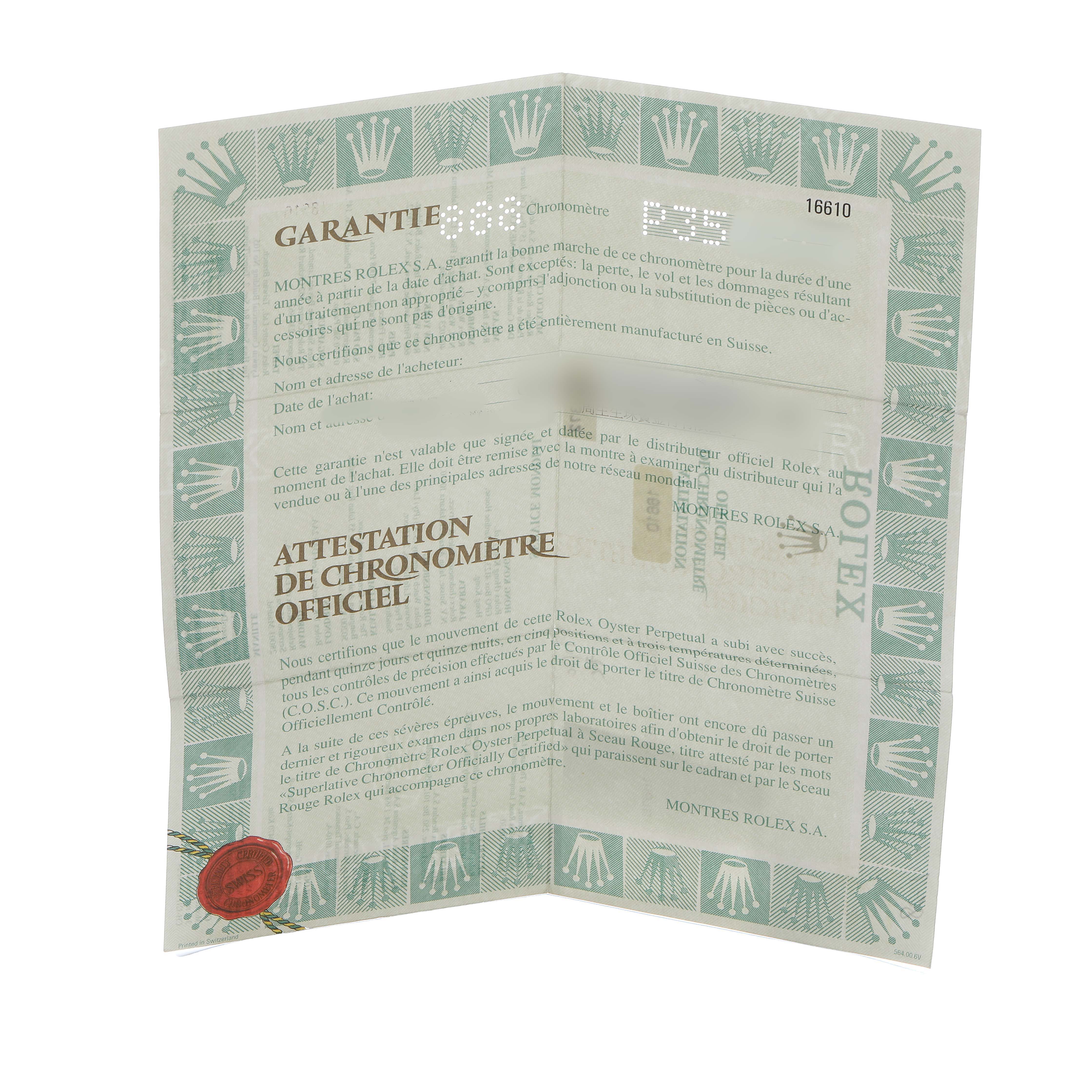 This image shows a Rolex Submariner 16610 Men's Stainless Steel Black Dial guarantee certificate with text and logos visible.