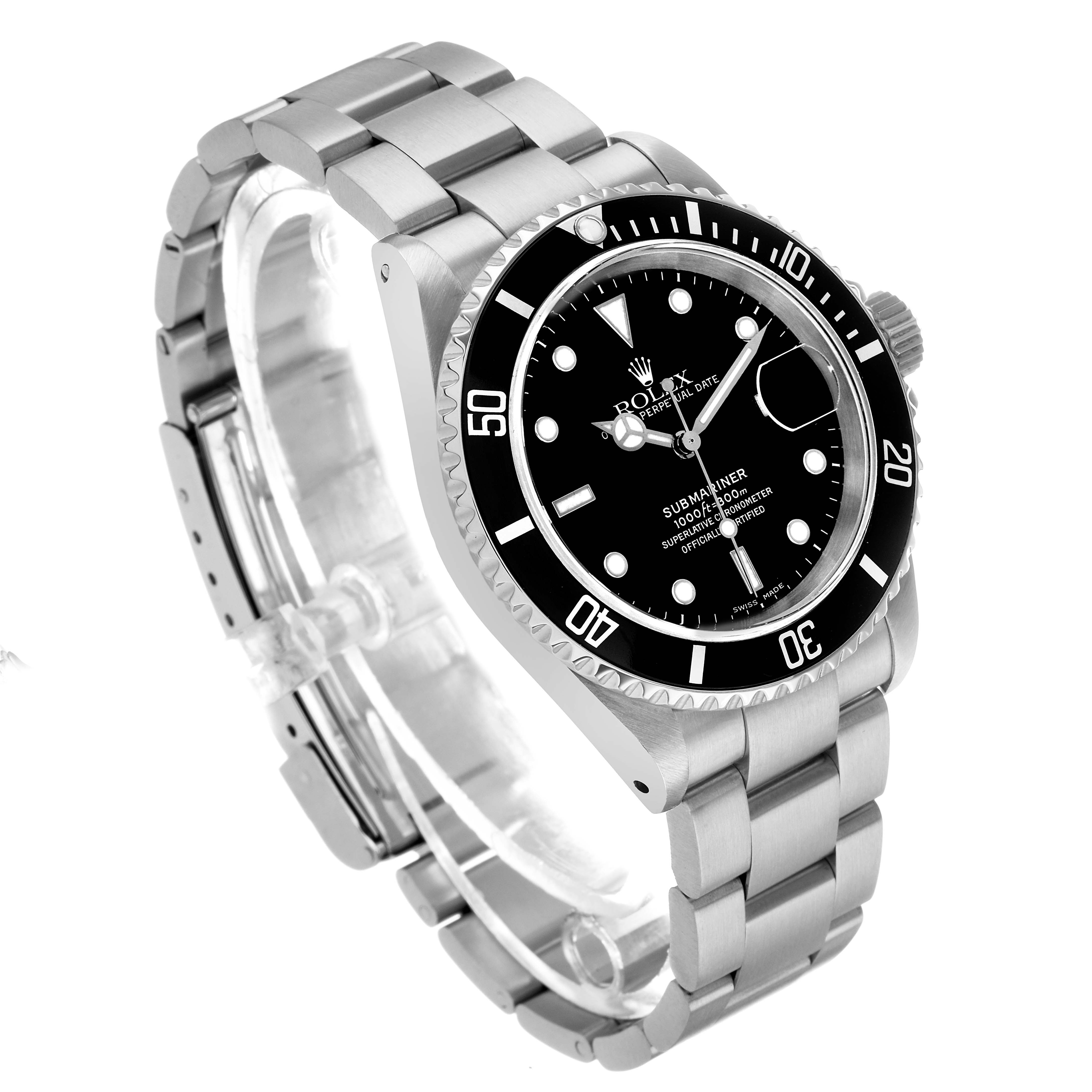 The Rolex Submariner 16610 Men's Stainless Steel Black Dial watch is shown at a three-quarter angle, highlighting the dial, bezel, and bracelet.