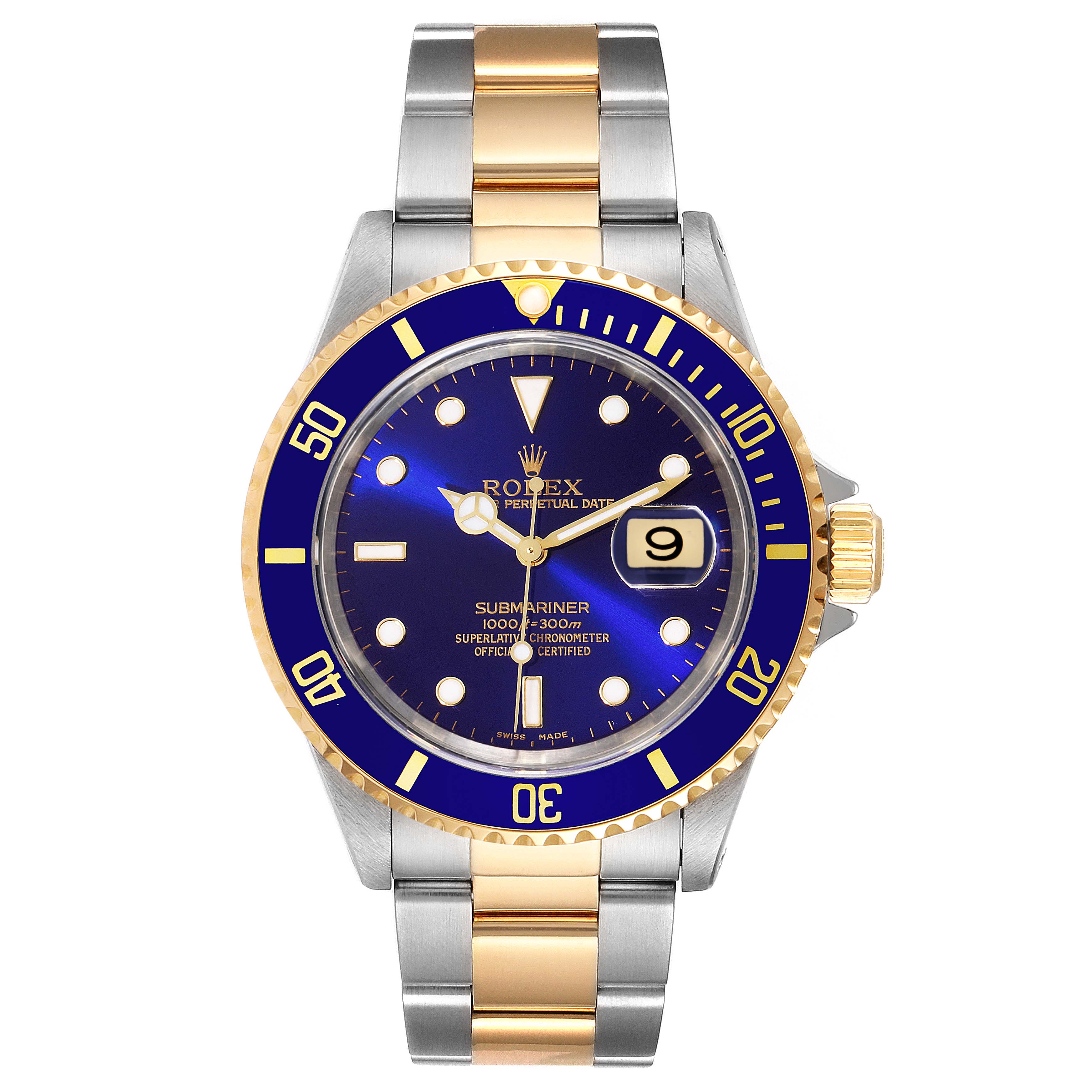 The image shows a front view of the Rolex Submariner 16613 Men
s Steel and Gold (two tone) Blue Dial 16613 Men
s Steel and Gold (two tone) Blue Dial watch, displaying its blue dial, date window, bezel, and two-tone bracelet.