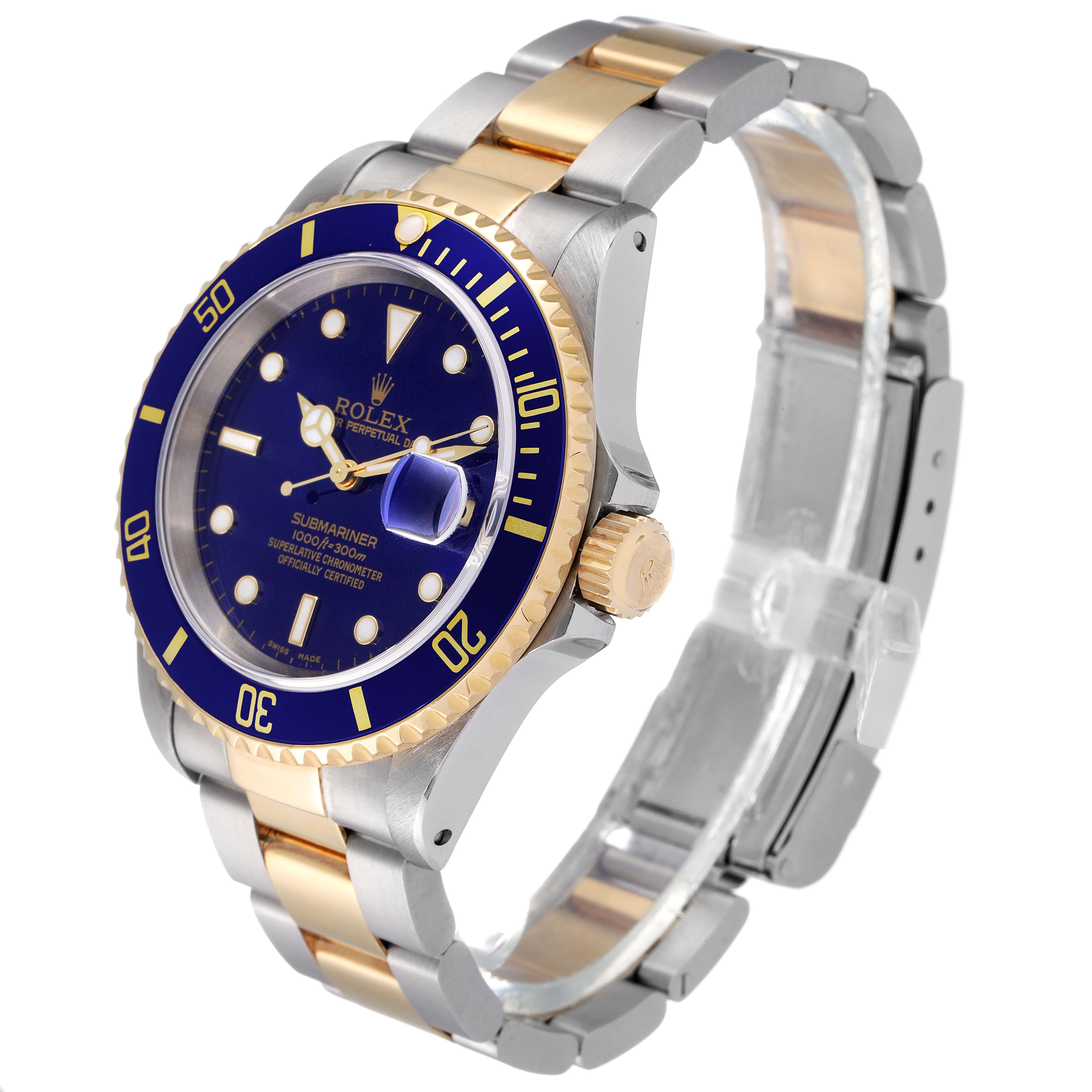 The image shows a side-angle view of a Rolex Submariner 16613 Men
s Steel and Gold (two tone) Blue Dial 16613 Men
s Steel and Gold (two tone) Blue Dial watch, highlighting the face, bezel, crown, and metal bracelet.