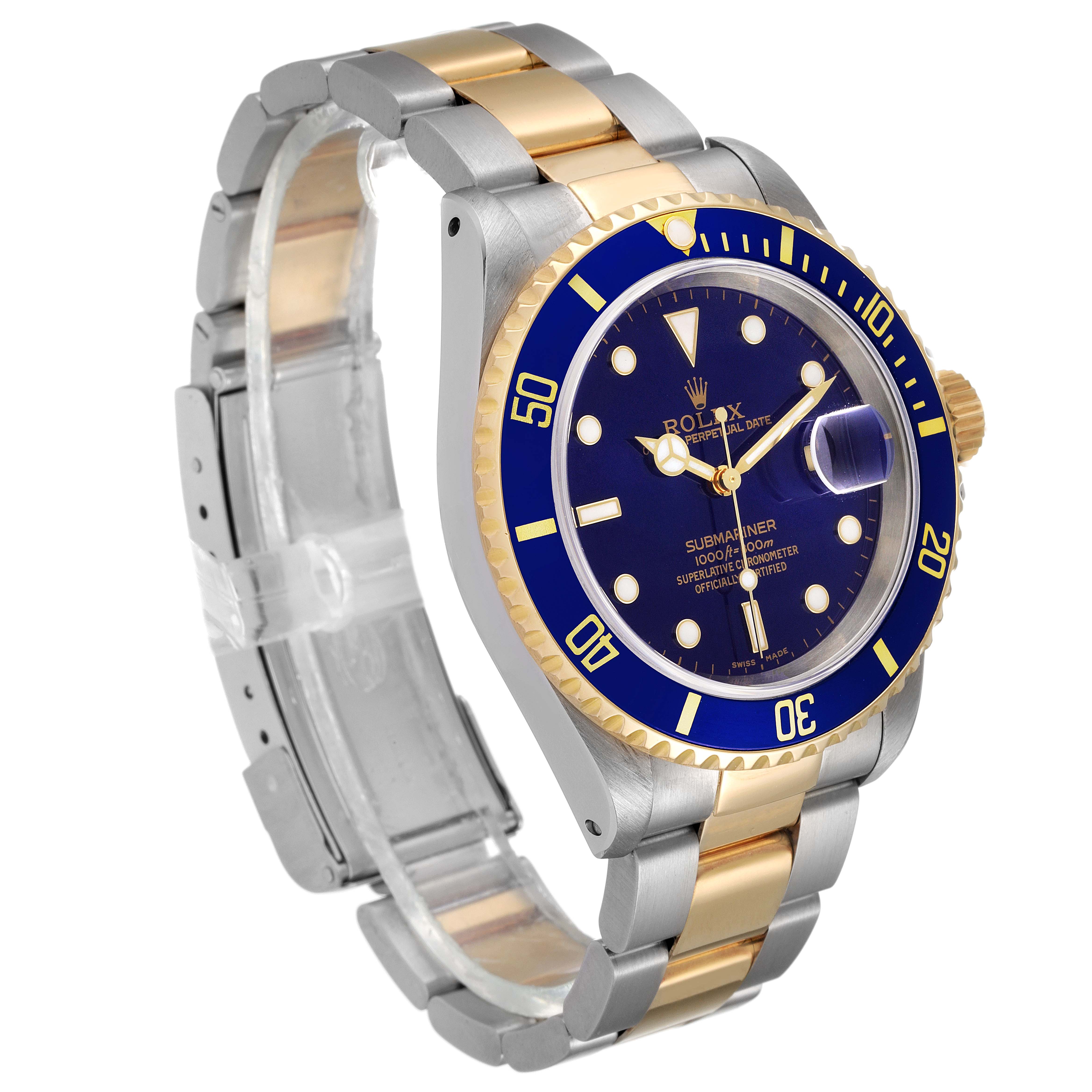 The image shows a Rolex Submariner 16613 Men
s Steel and Gold (two tone) Blue Dial 16613 Men
s Steel and Gold (two tone) Blue Dial watch angled to feature the bracelet, blue dial, and bezel.