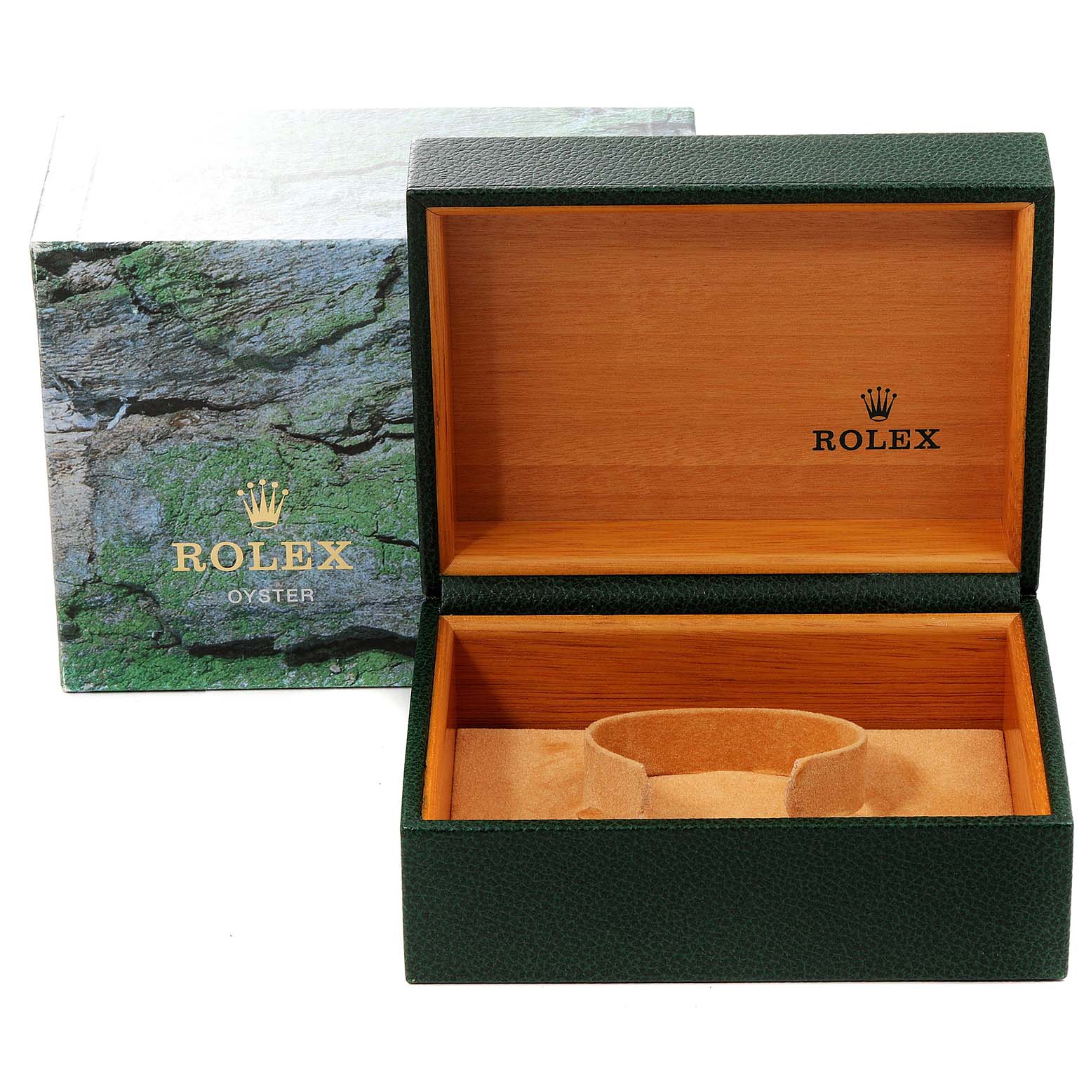 The image shows an open Rolex Submariner 16613 Men
s Steel and Gold (two tone) Blue Dial 16613 Men
s Steel and Gold (two tone) Blue Dial watch box with a green outer box and the interior wooden lining.