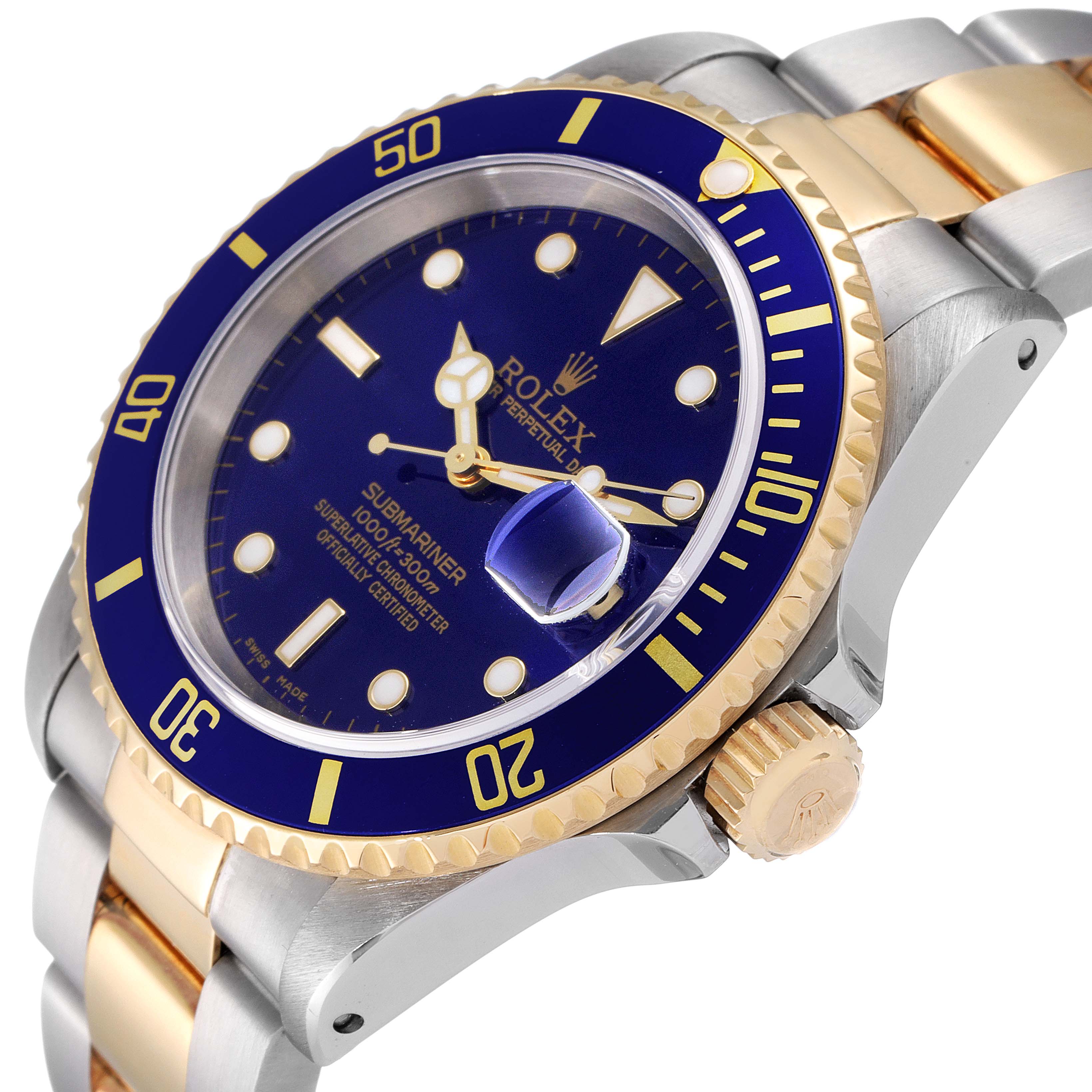 The image shows a close-up, angled view of the Rolex Submariner 16613 Men
s Steel and Gold (two tone) Blue Dial 16613 Men
s Steel and Gold (two tone) Blue Dial watch, highlighting the dial, bezel, crown, and part of the bracelet.