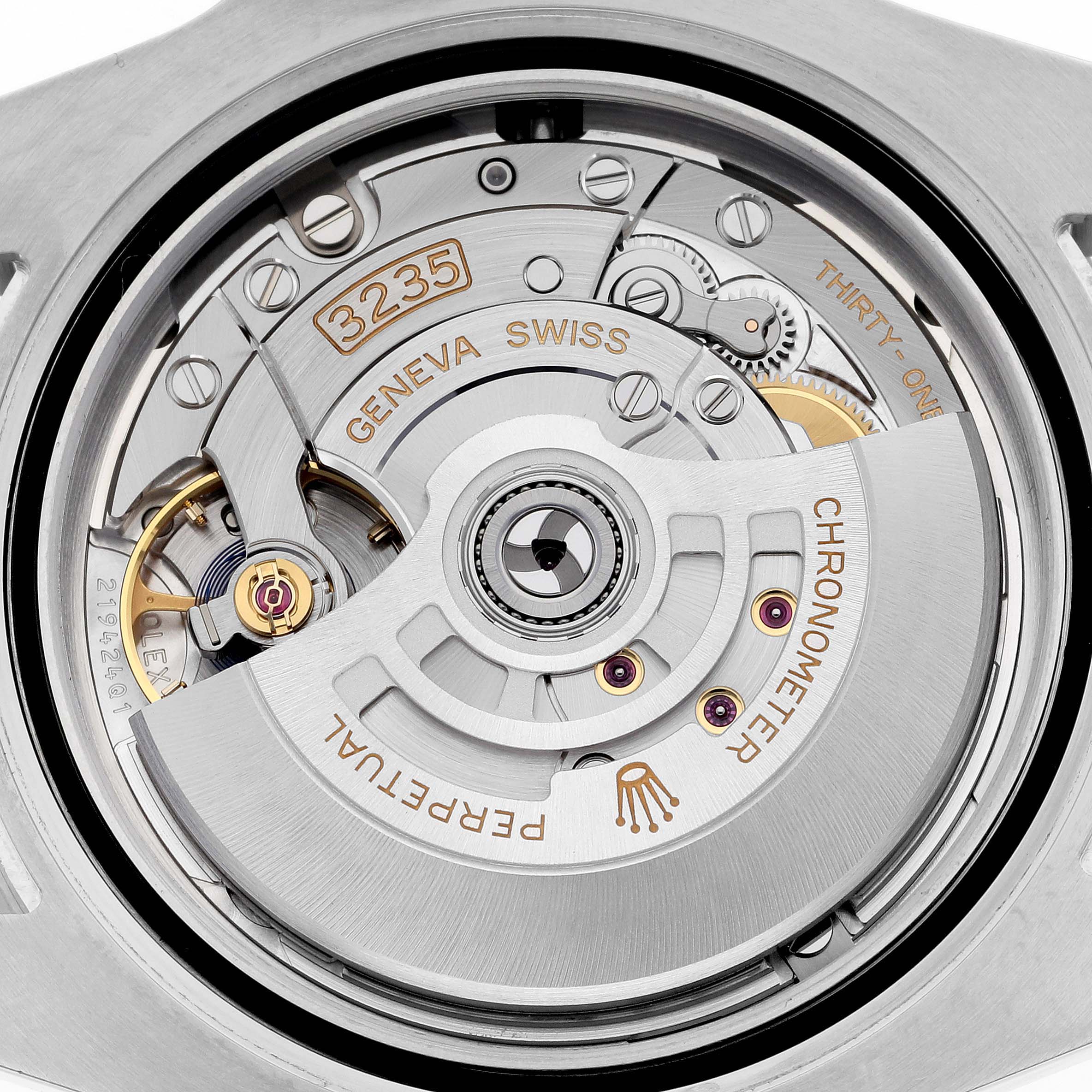 This image shows the movement mechanism from the back of a Rolex Submariner 126610LV Men's Stainless Steel Black Dial 126610LV Men's Stainless Steel Black Dial, highlighting its intricate components.