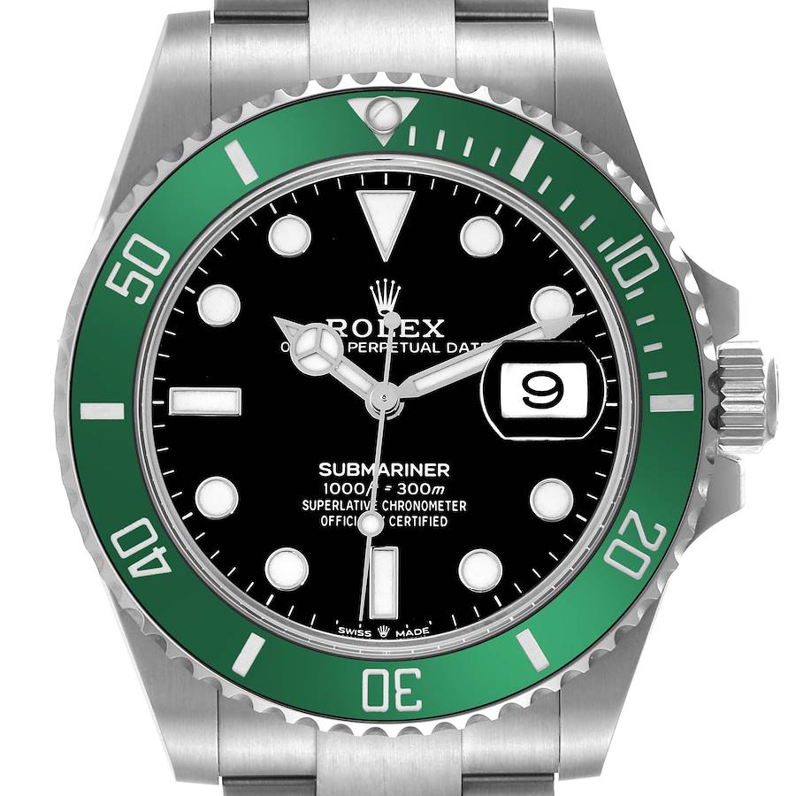 The Rolex Submariner is shown from a front angle, highlighting its green bezel, black dial, and date window at 3 o'clock.