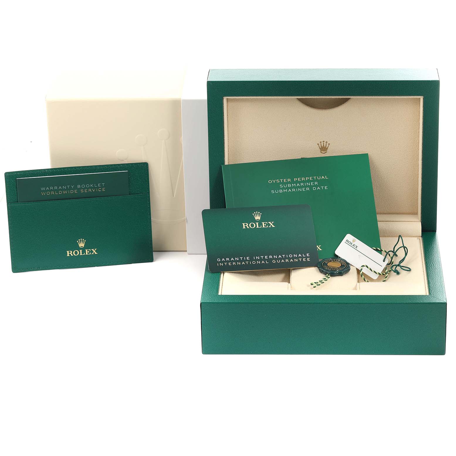 The image shows a Rolex Submariner 126610LV Men's Stainless Steel Black Dial 126610LV Men's Stainless Steel Black Dial box, warranty card, booklet, and tags from a front angle.