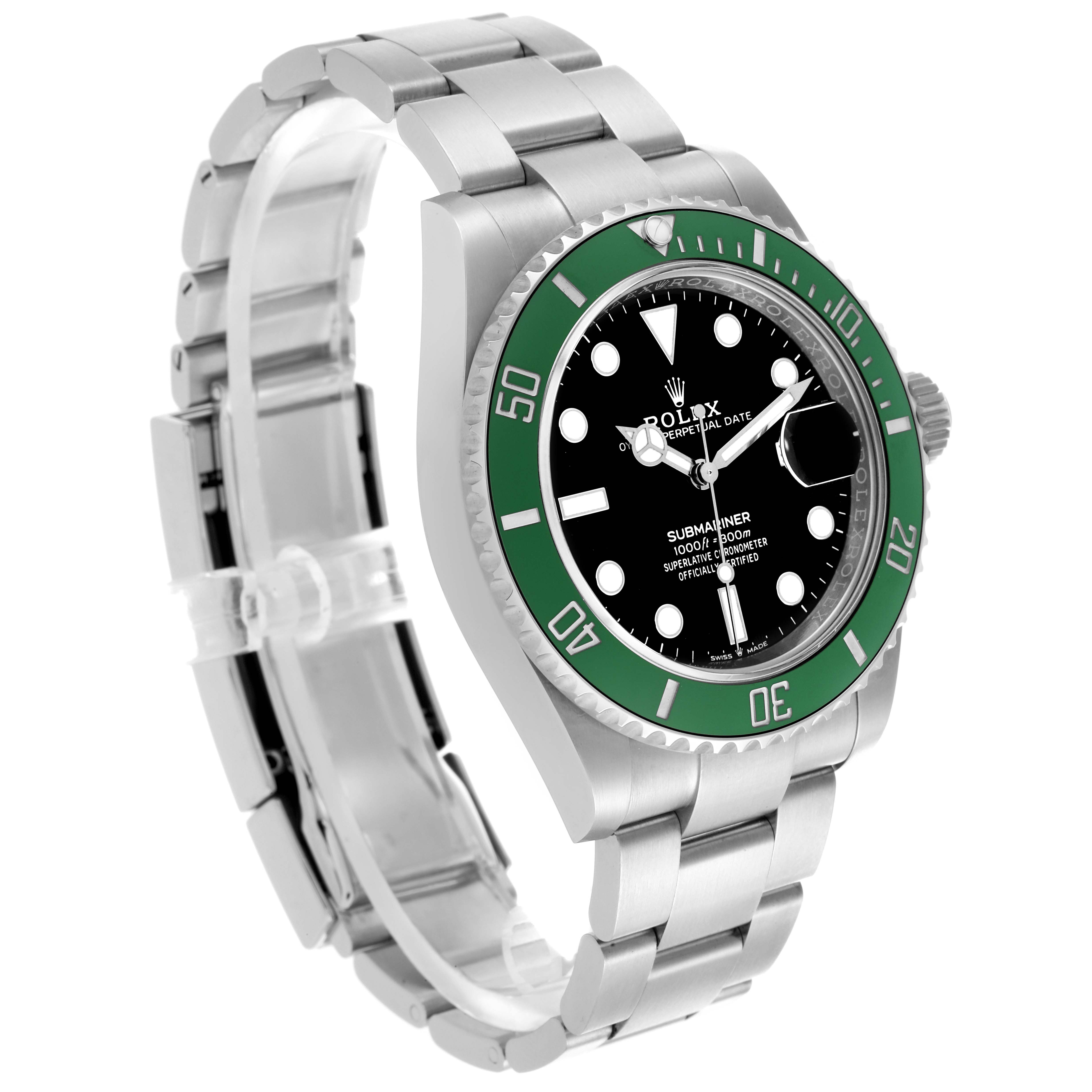 The Rolex Submariner 126610LV Men's Stainless Steel Black Dial 126610LV Men's Stainless Steel Black Dial watch is angled showing the bracelet, case, bezel, and dial with green accents.