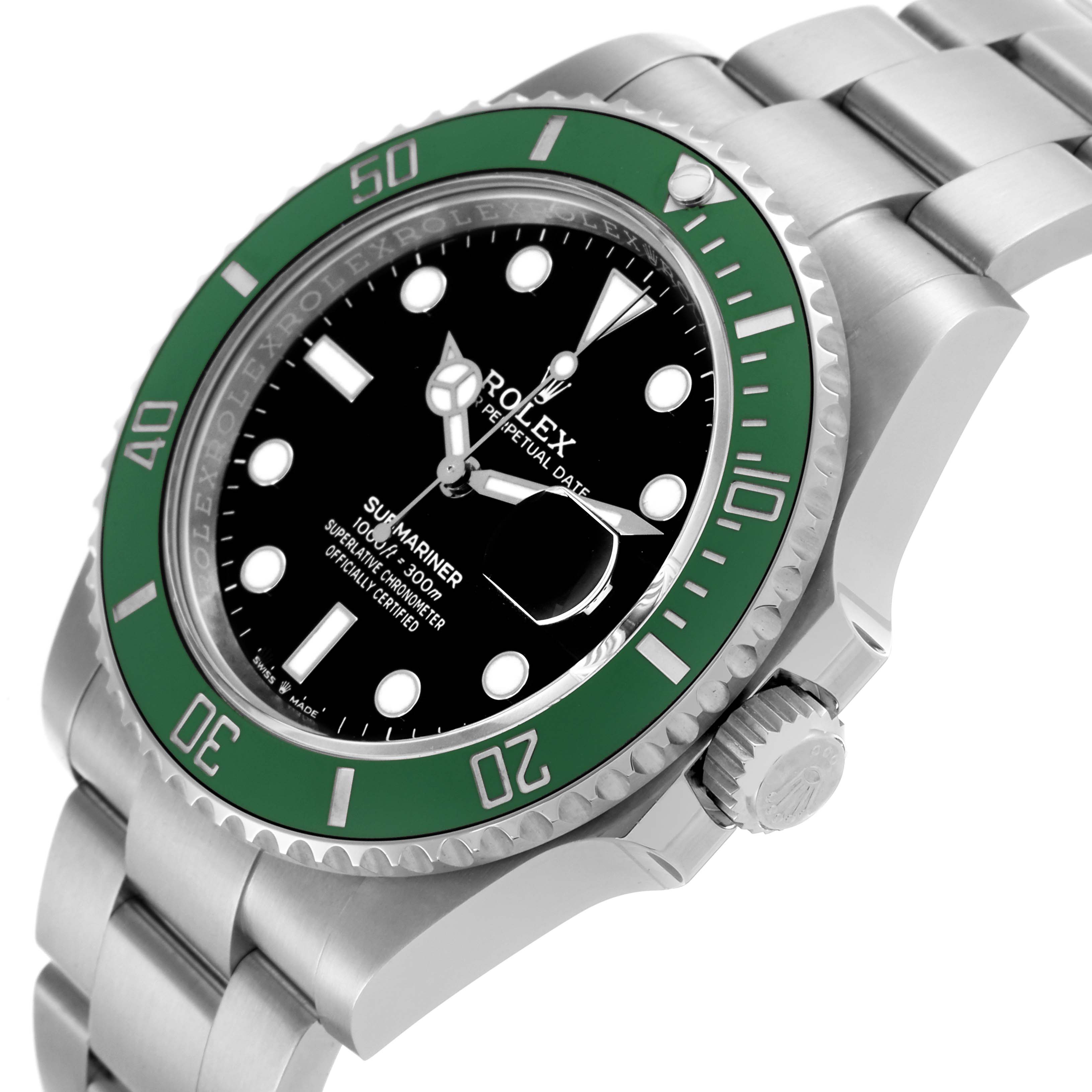 The Rolex Submariner 126610LV Men's Stainless Steel Black Dial 126610LV Men's Stainless Steel Black Dial is shown at a slight side angle, highlighting the green bezel, crown, and part of the bracelet.