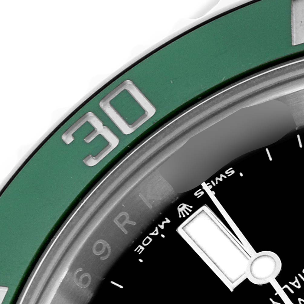 The image shows a close-up of the bezel and dial of a Rolex Submariner 126610LV Men's Stainless Steel Black Dial 126610LV Men's Stainless Steel Black Dial, highlighting the 30-minute marker.