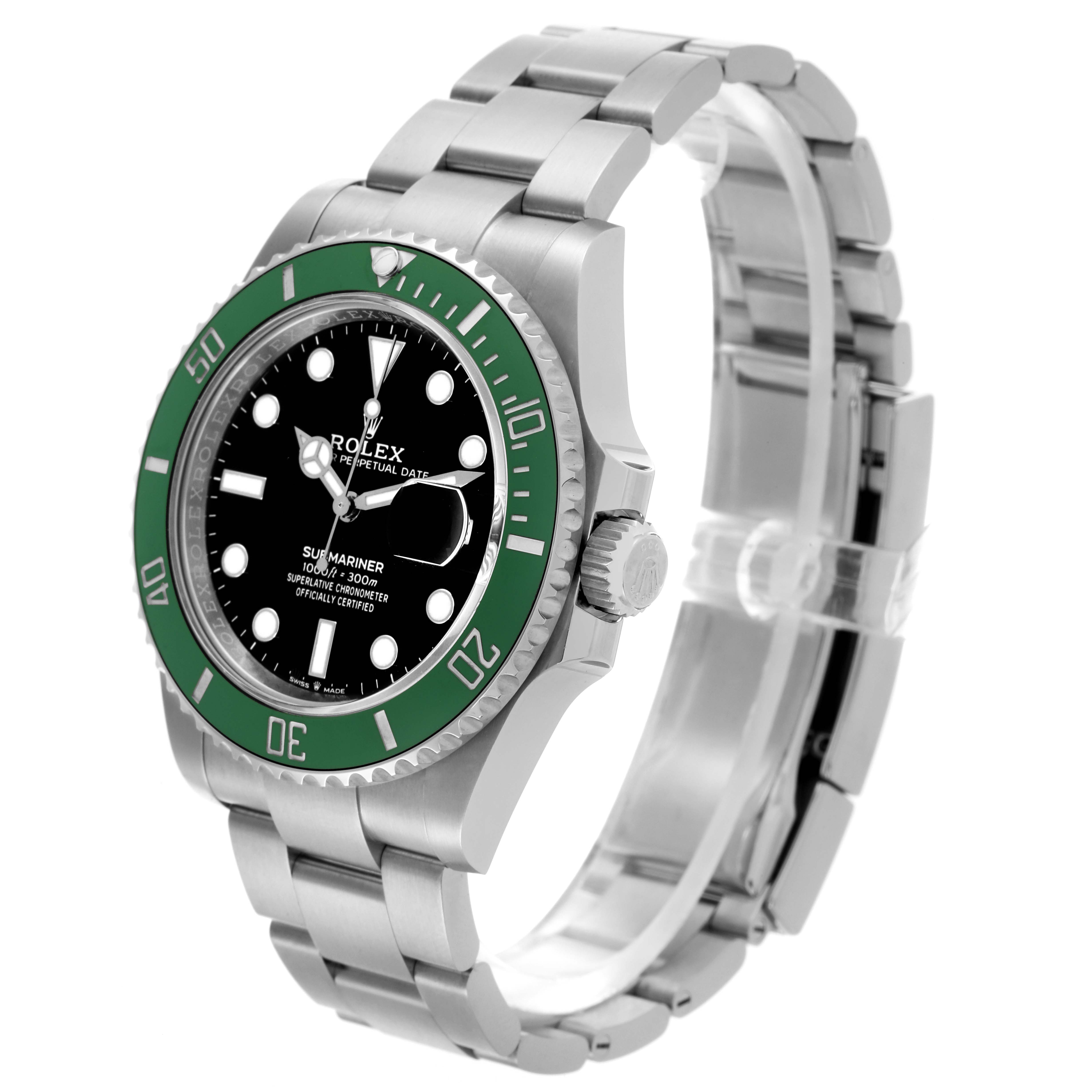 The Rolex Submariner 126610LV Men's Stainless Steel Black Dial 126610LV Men's Stainless Steel Black Dial watch is shown from a front-side angle, displaying the face, bezel, and part of the bracelet.