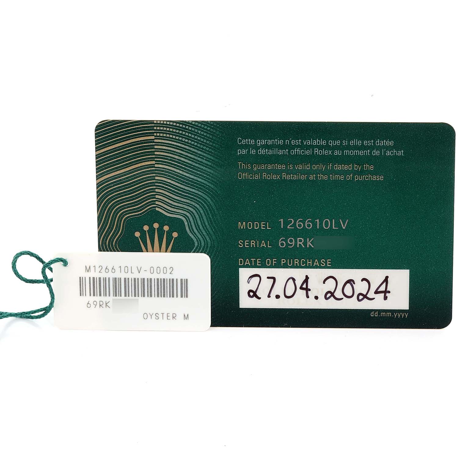 The image shows the warranty card and hang tag for a Rolex Submariner 126610LV Men's Stainless Steel Black Dial 126610LV Men's Stainless Steel Black Dial model 126610LV.