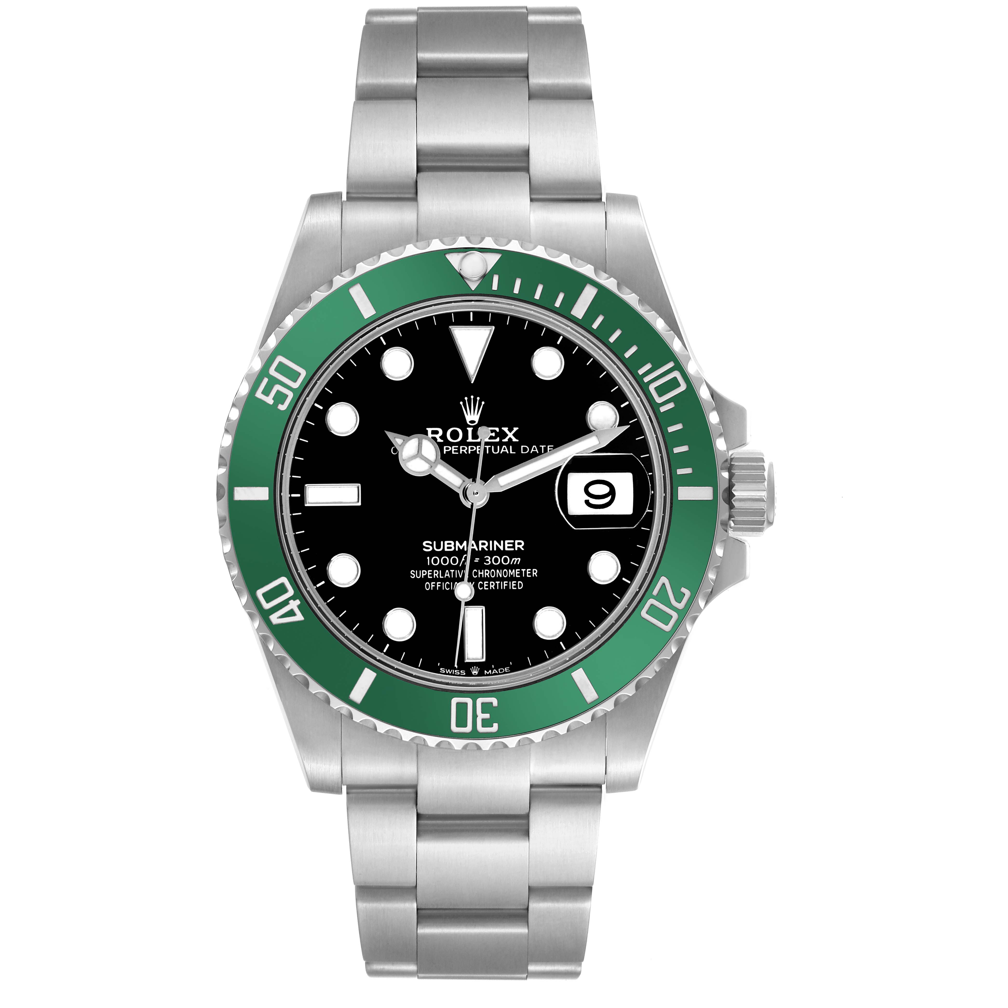 The Rolex Submariner 126610LV Men's Stainless Steel Black Dial 126610LV Men's Stainless Steel Black Dial watch is shown from the front, displaying the face, bezel, and bracelet.