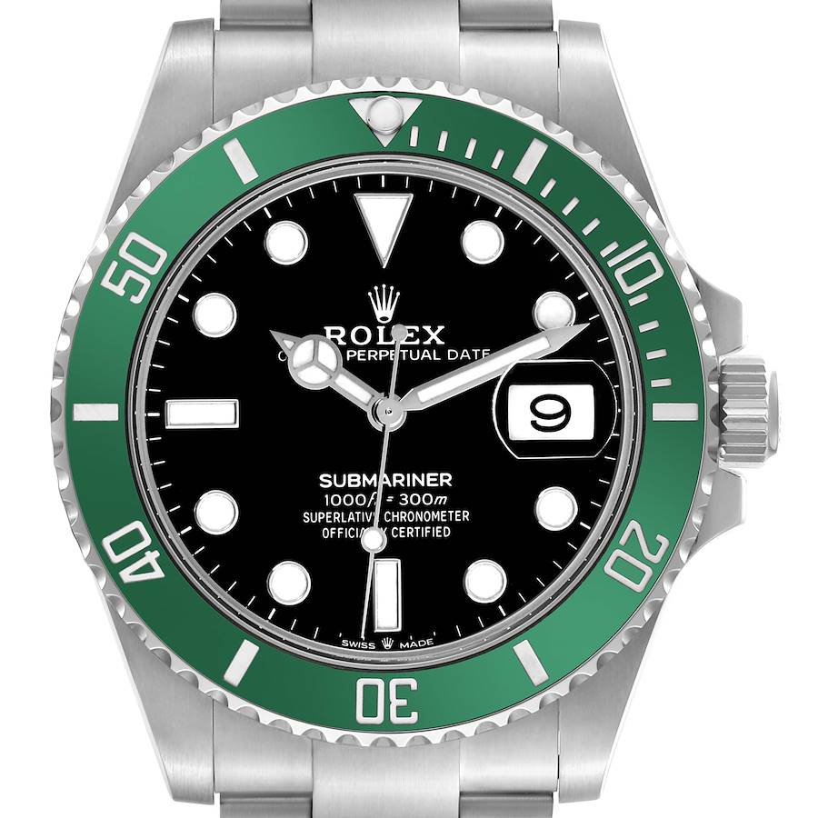 The Rolex Submariner watch is shown from a front angle, highlighting the face, bezel, and part of the bracelet.