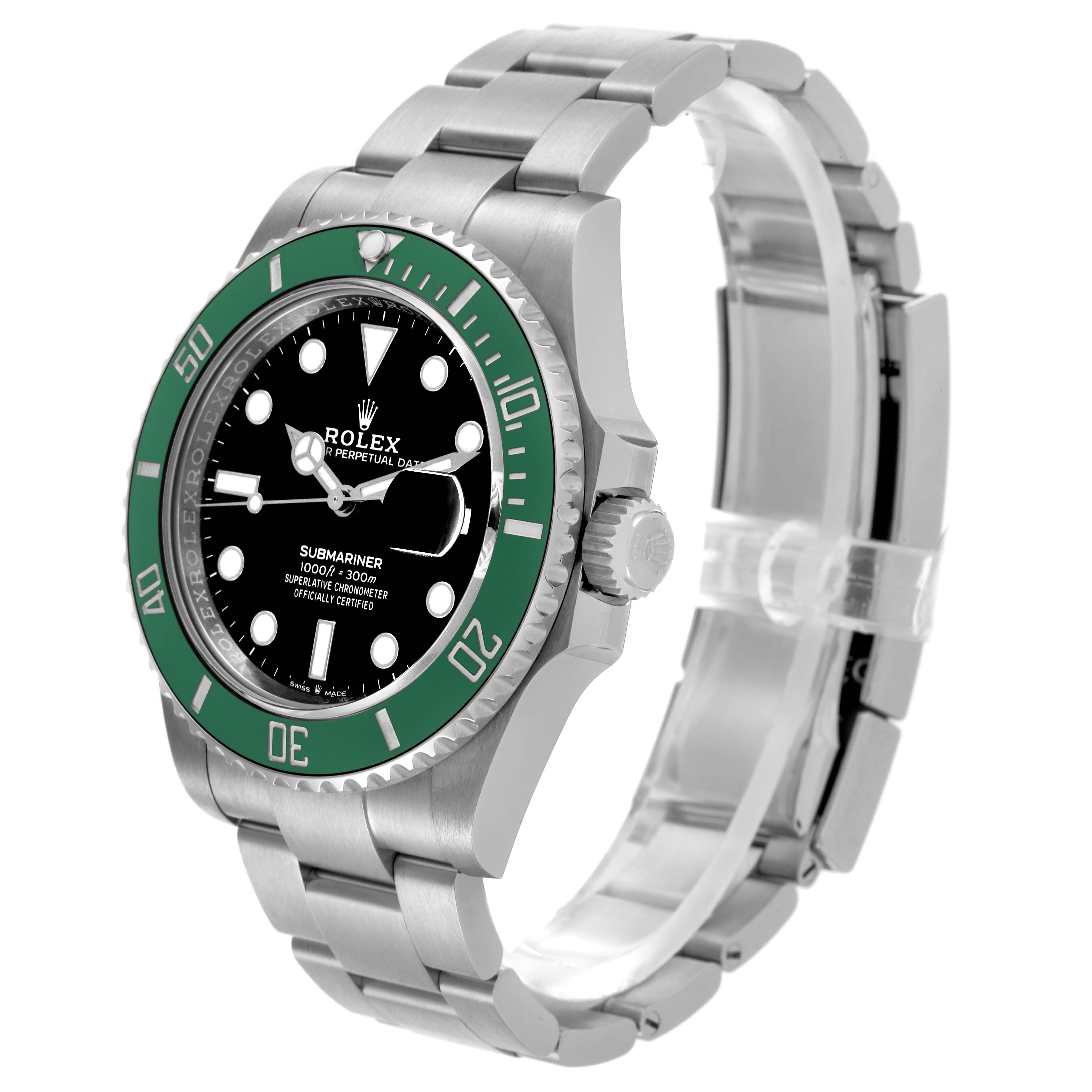 The Rolex Submariner 126610LV Men's Stainless Steel Black Dial 126610LV Men's Stainless Steel Black Dial watch is shown at a three-quarter angle, displaying the dial, bezel, case, bracelet, and crown.