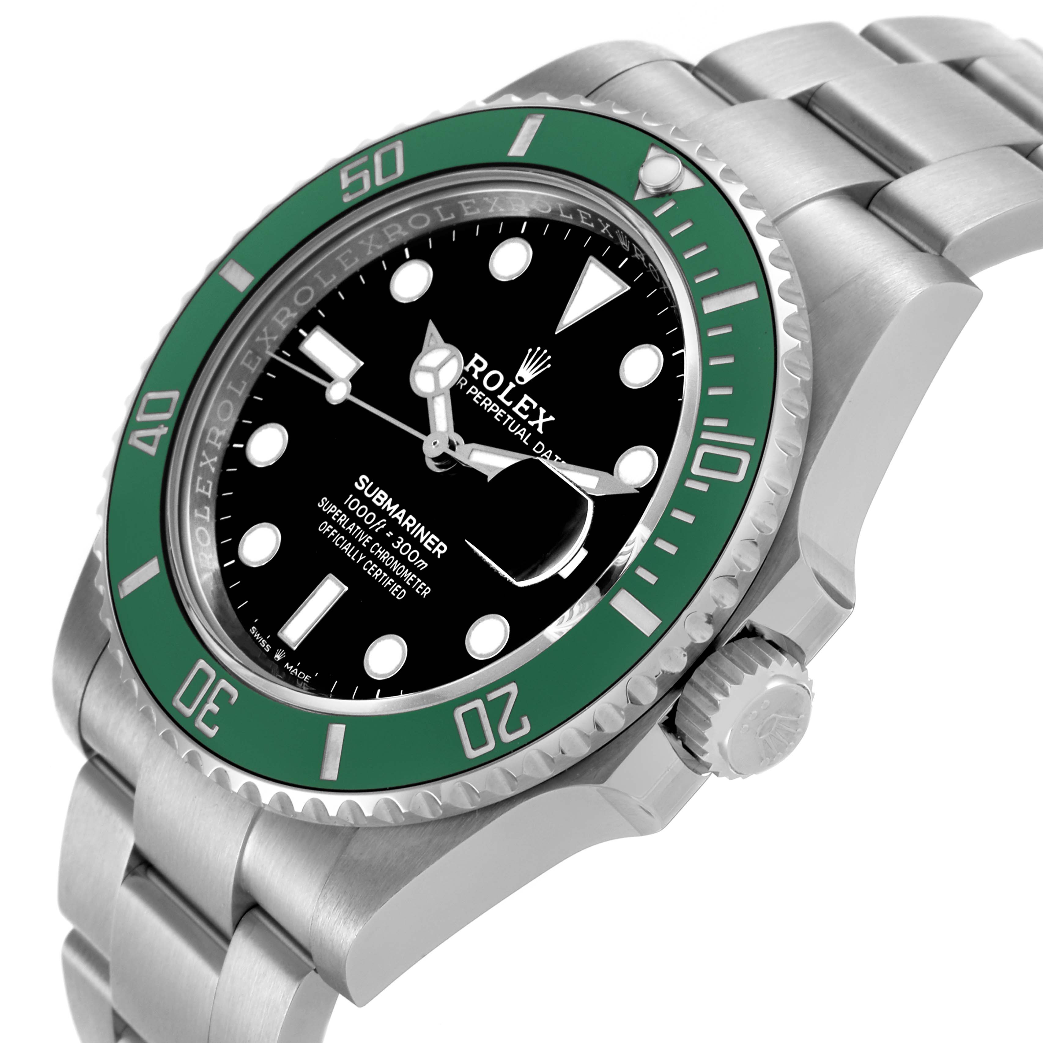 The Rolex Submariner 126610LV Men's Stainless Steel Black Dial 126610LV Men's Stainless Steel Black Dial is shown from a side angle, displaying the bezel, crown, and bracelet.