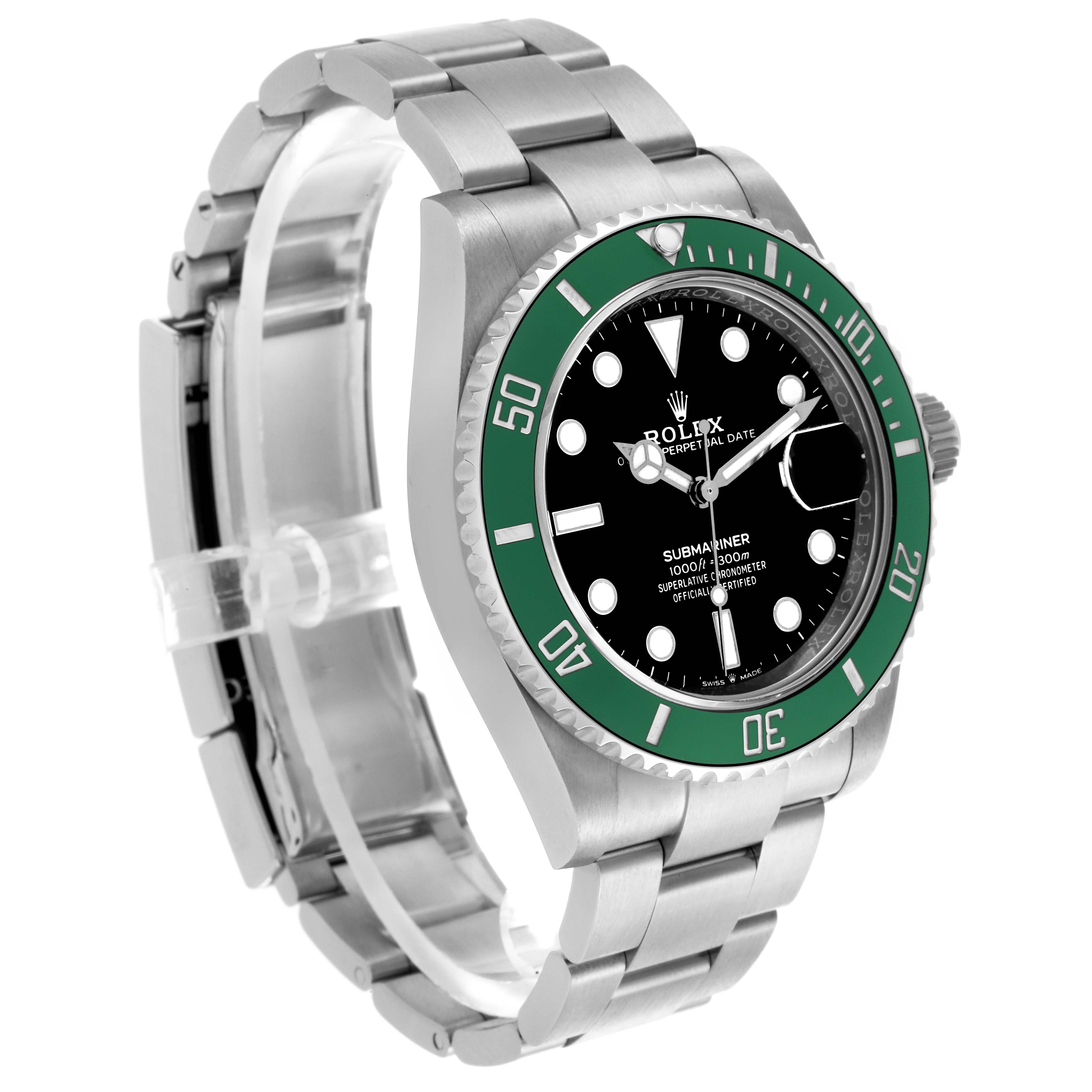 The Rolex Submariner 126610LV Men's Stainless Steel Black Dial 126610LV Men's Stainless Steel Black Dial is shown at an angle highlighting the face, bezel, and part of the bracelet.