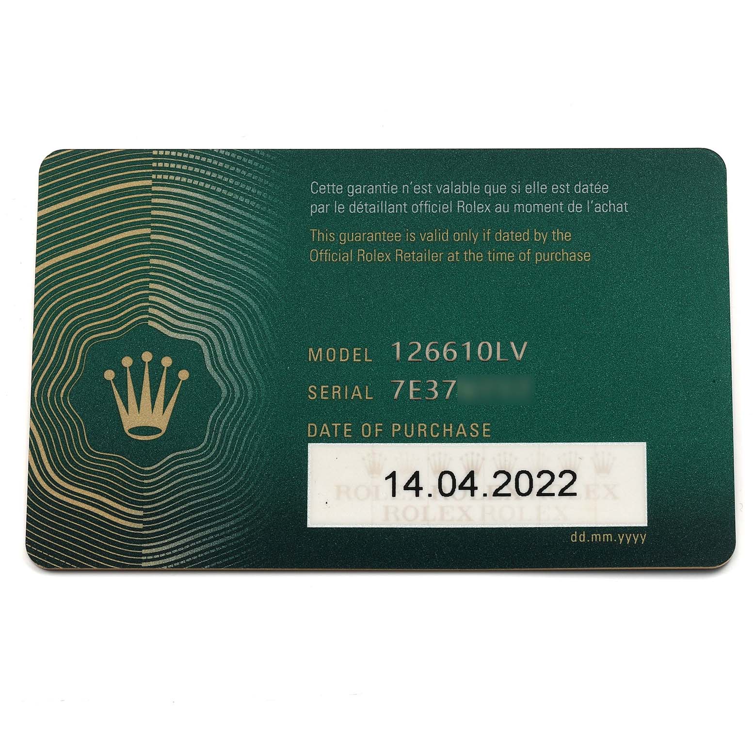 The image shows a warranty card for a Rolex Submariner 126610LV Men's Stainless Steel Black Dial 126610LV Men's Stainless Steel Black Dial model 126610LV.
