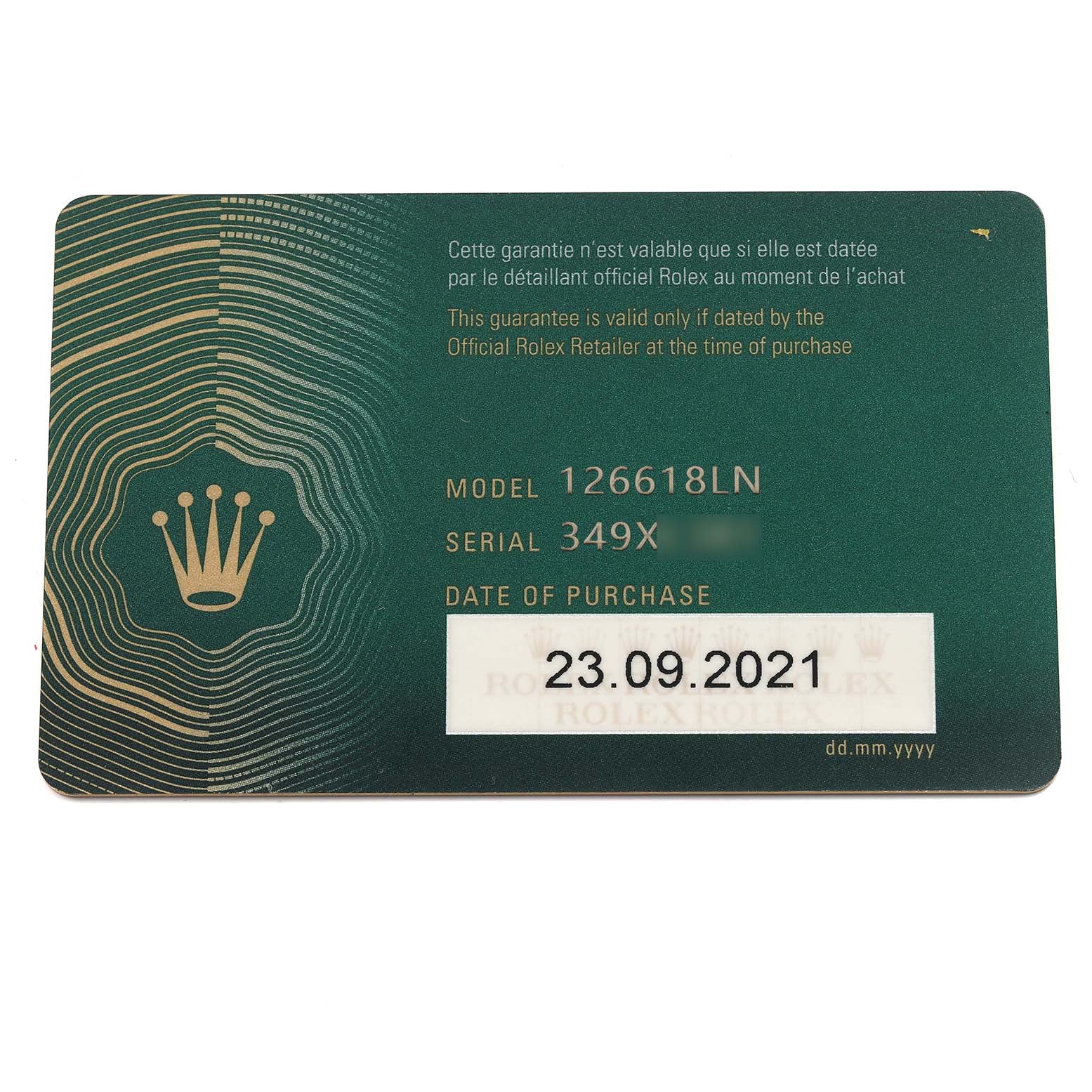 The image shows a warranty card for the Rolex Submariner 126618 Men's Yellow Gold Black Dial 126618 Men's Yellow Gold Black Dial model 126618LN.