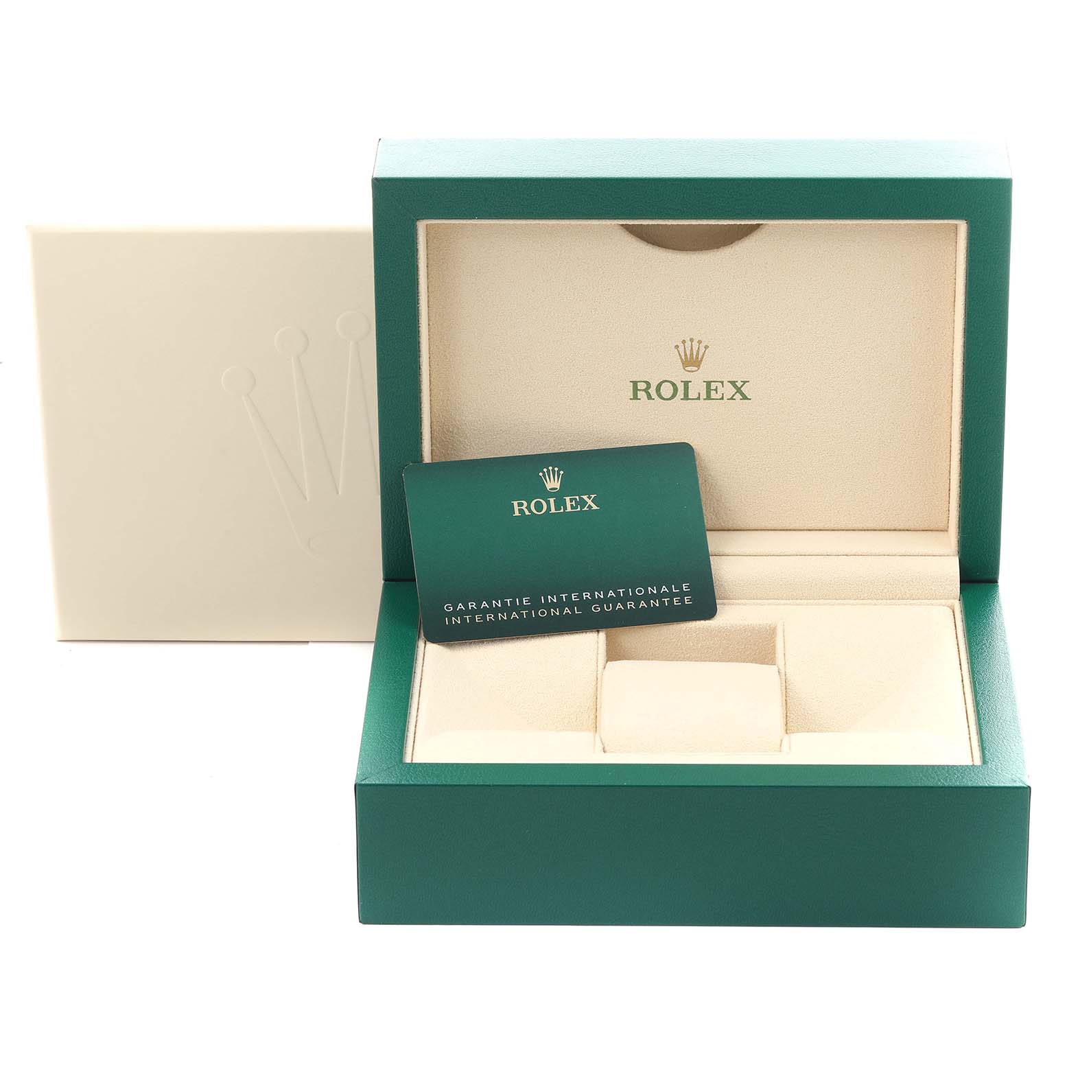 The image shows the open box and international guarantee card for the Rolex Submariner 126618 Men's Yellow Gold Black Dial 126618 Men's Yellow Gold Black Dial watch.