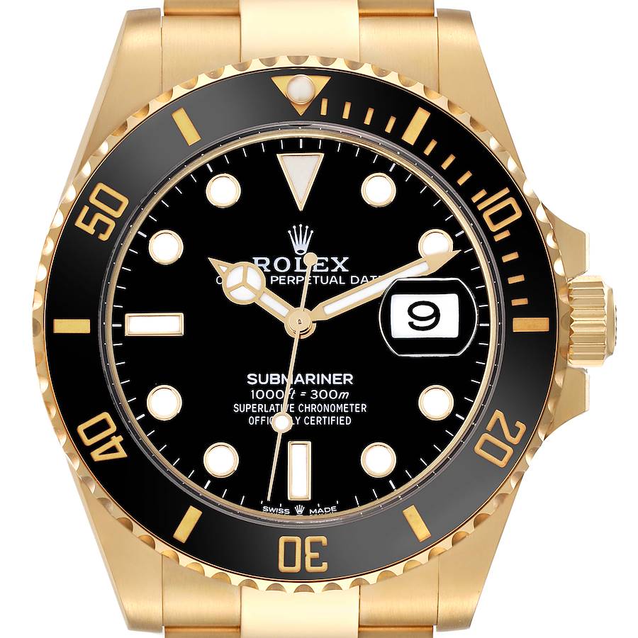 The Rolex Submariner watch is shown from a front view highlighting the dial, bezel, and crown.