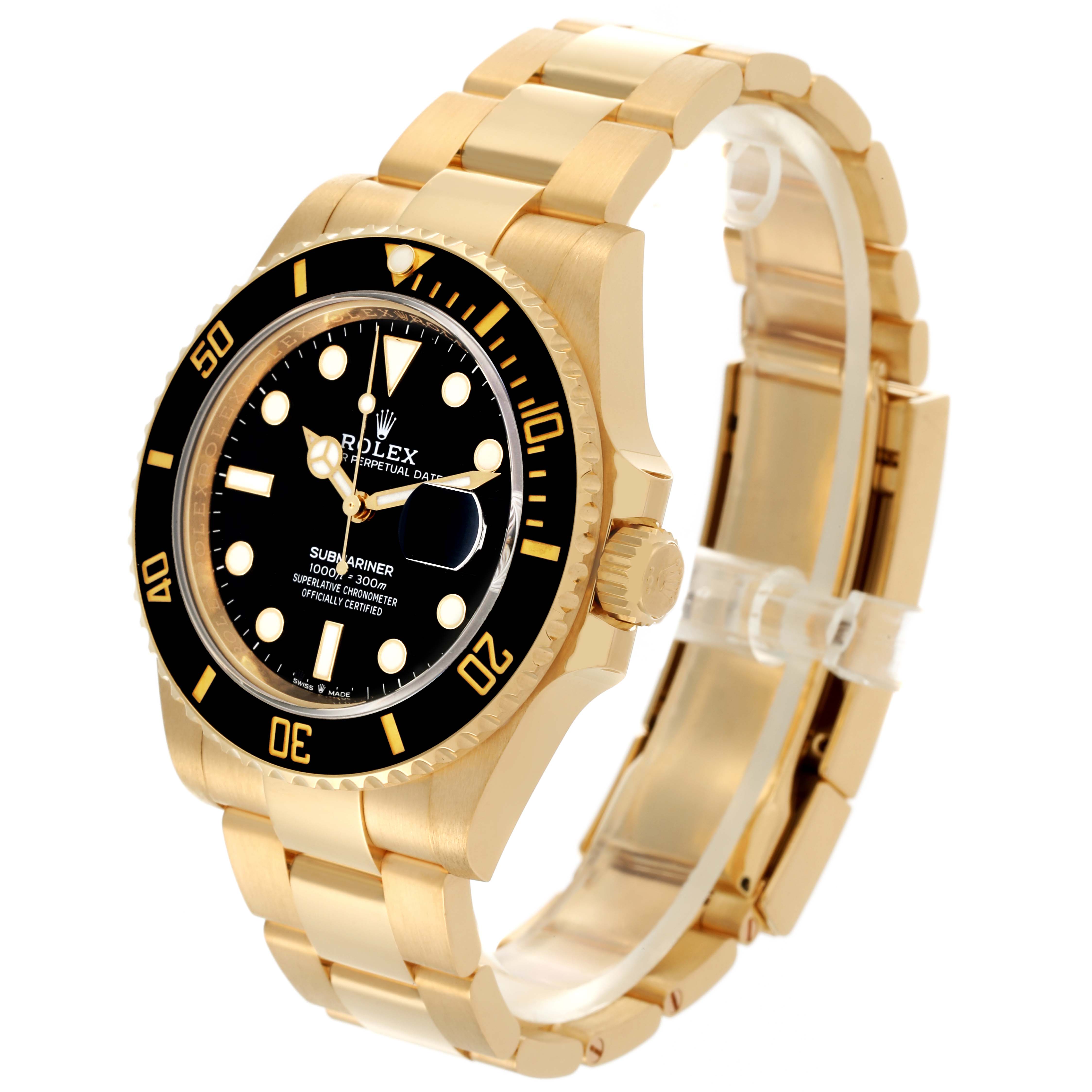 This image shows a Rolex Submariner 126618 Men's Yellow Gold Black Dial 126618 Men's Yellow Gold Black Dial watch at an angled view, highlighting its black dial, gold bracelet, and bezel.