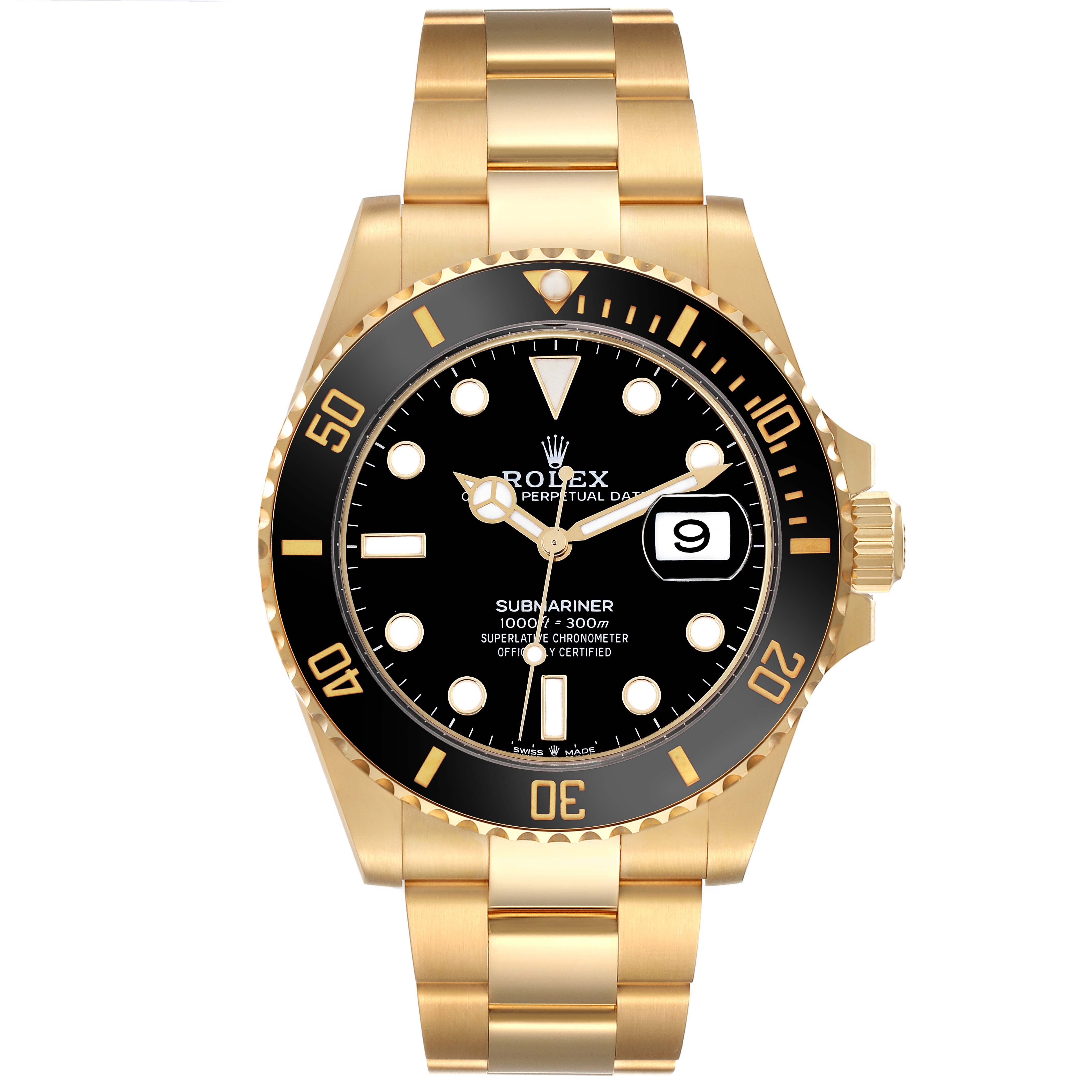The Rolex Submariner 126618 Men's Yellow Gold Black Dial 126618 Men's Yellow Gold Black Dial is shown from the front, displaying the dial, bezel, and bracelet.