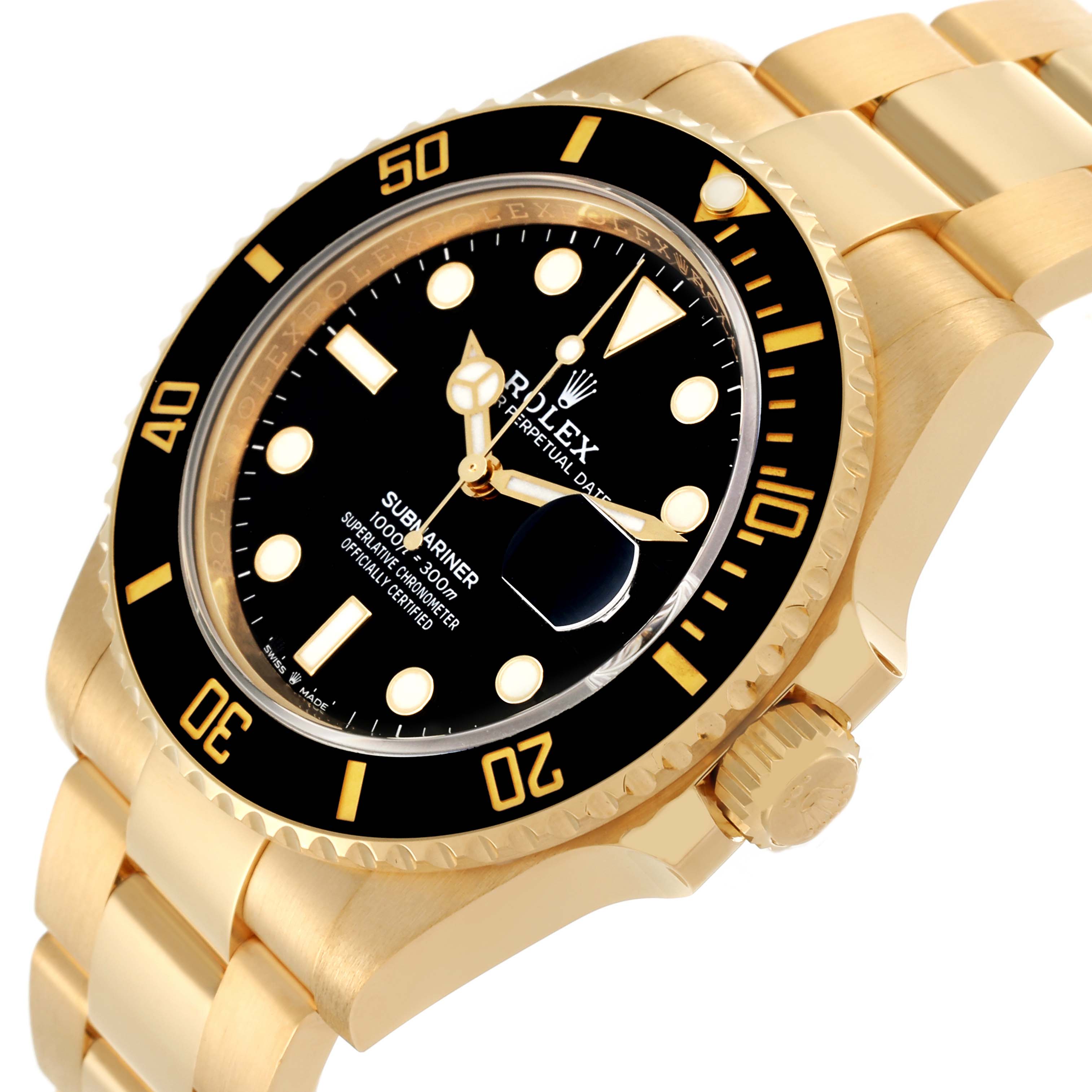 The Rolex Submariner 126618 Men's Yellow Gold Black Dial 126618 Men's Yellow Gold Black Dial watch is shown at an angled view highlighting the bezel, dial, crown, and part of the bracelet.