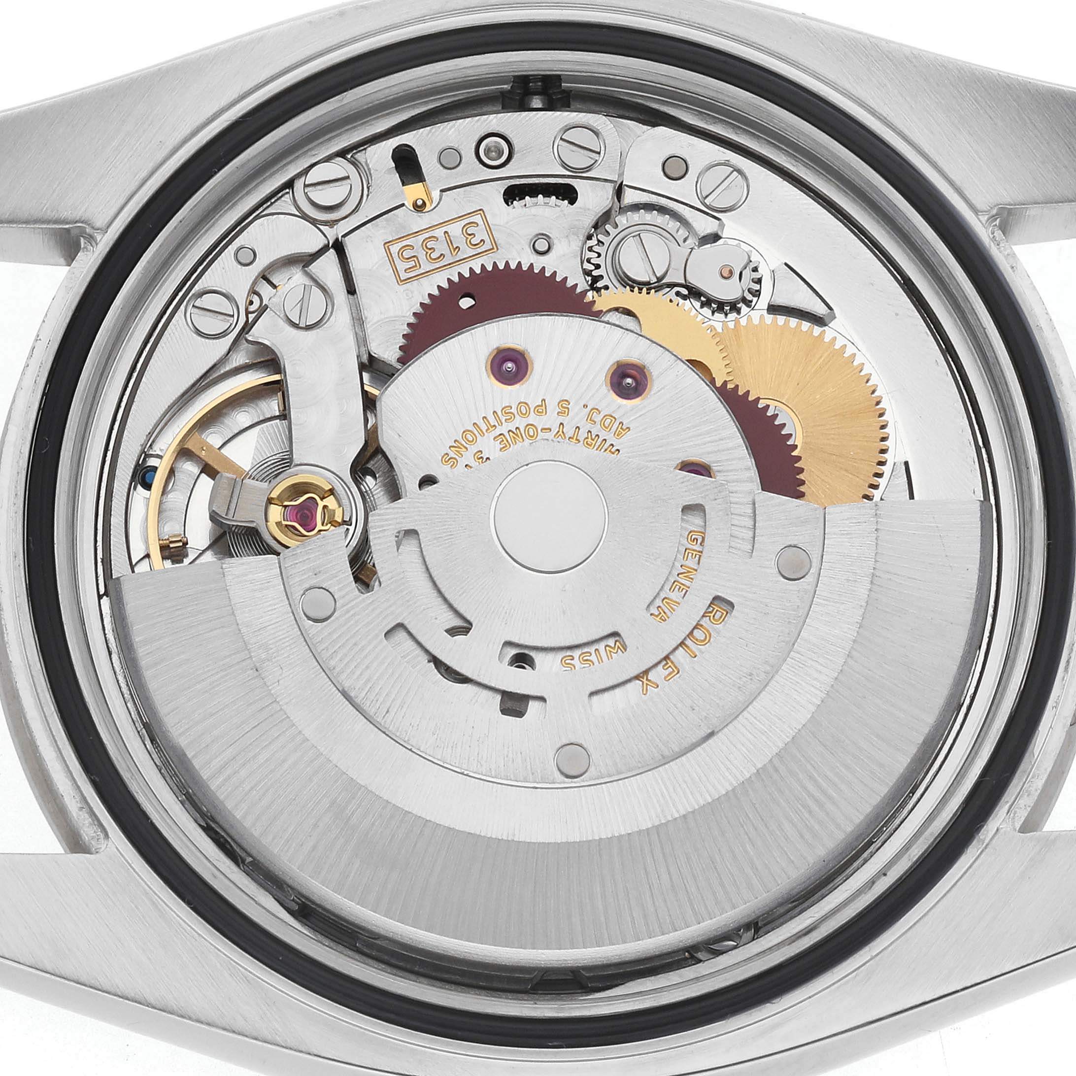 The image shows the movement of a Rolex Turn-o-Graph 116264 Men's Stainless Steel Black Dial watch from a rear angle, highlighting gears and mechanical components.