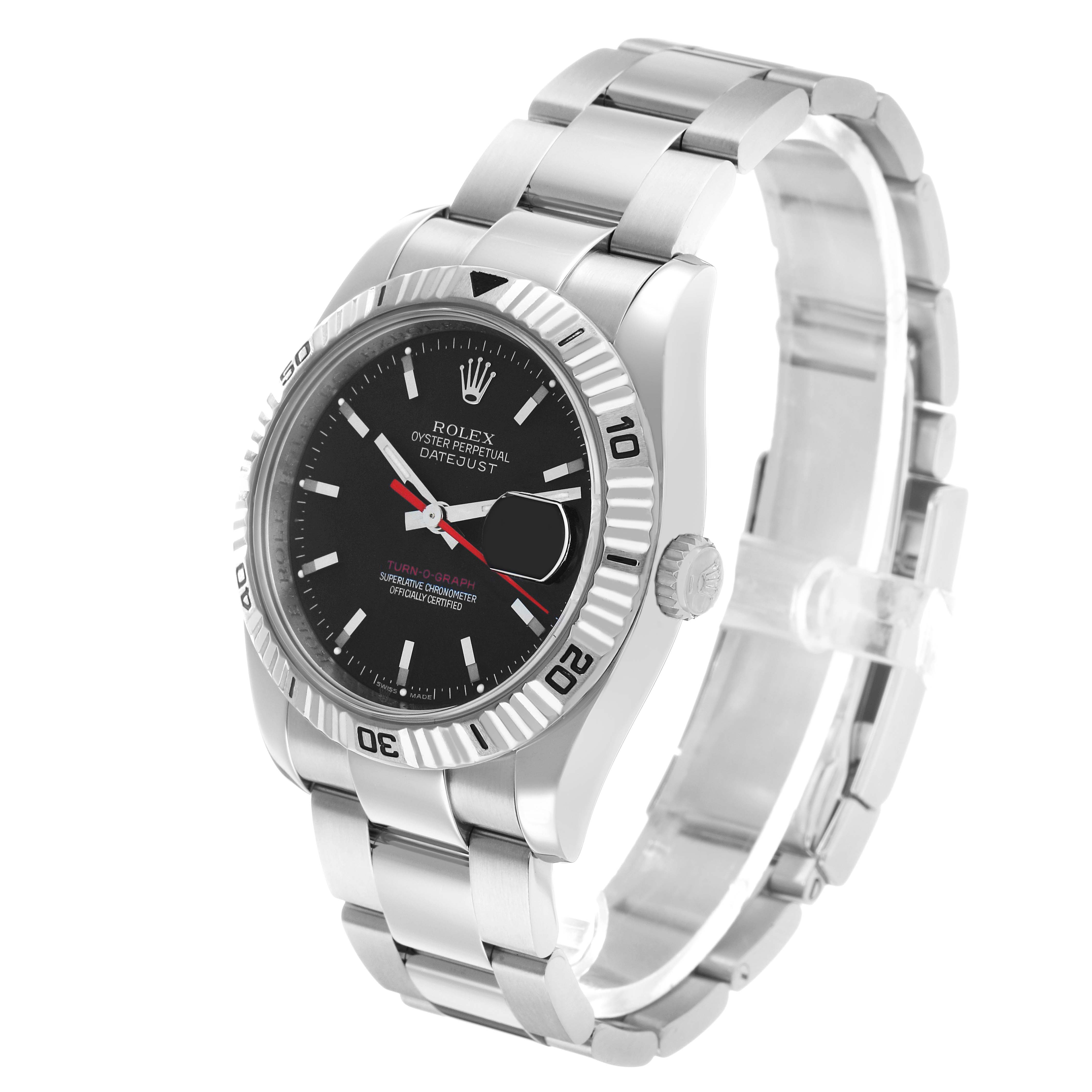 The Rolex Turn-o-Graph 116264 Men's Stainless Steel Black Dial watch is shown at a three-quarter angle, displaying the face, bezel, crown, and metal bracelet.