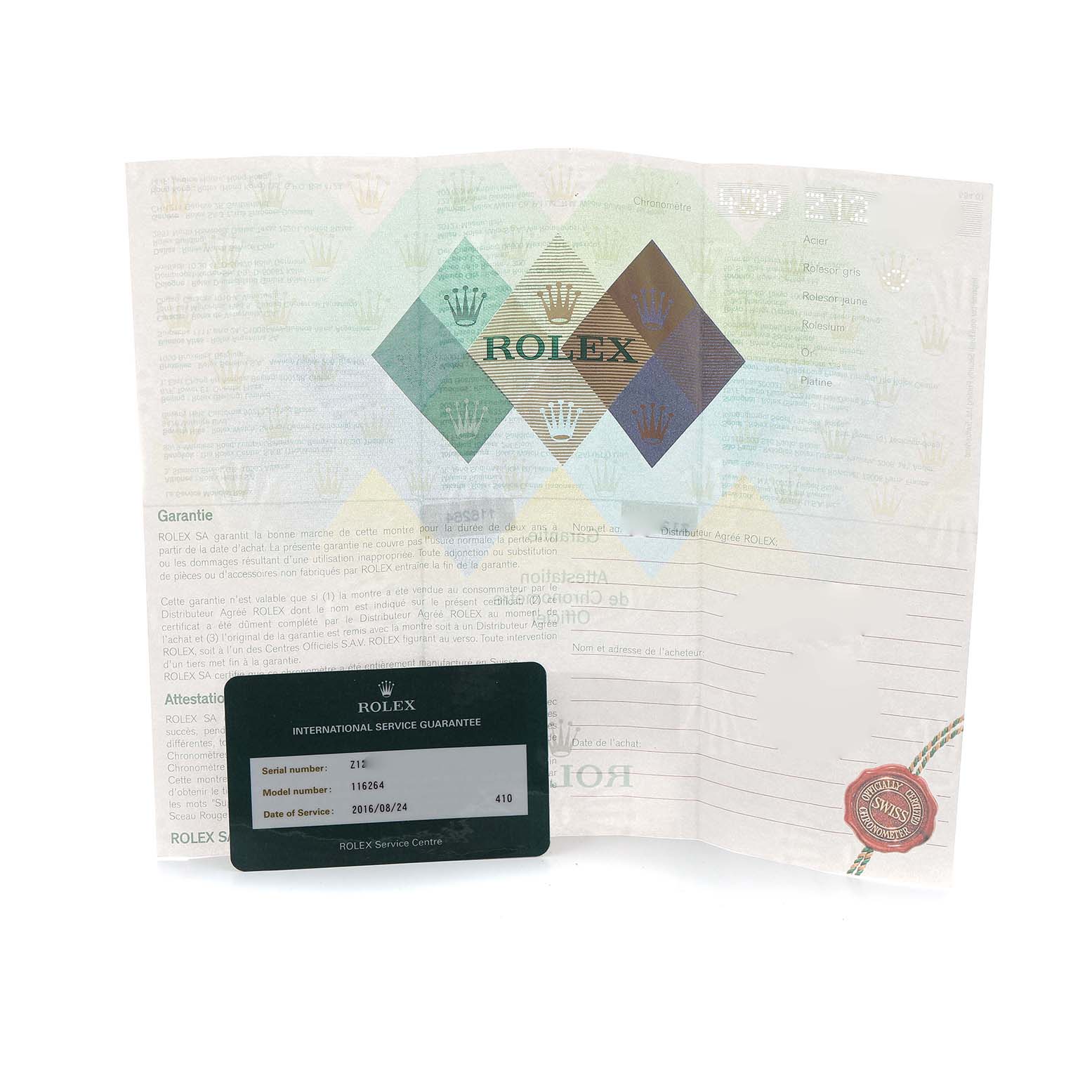 The image shows a Rolex Turn-o-Graph 116264 Men's Stainless Steel Black Dial model's service guarantee card and documentation laid flat.