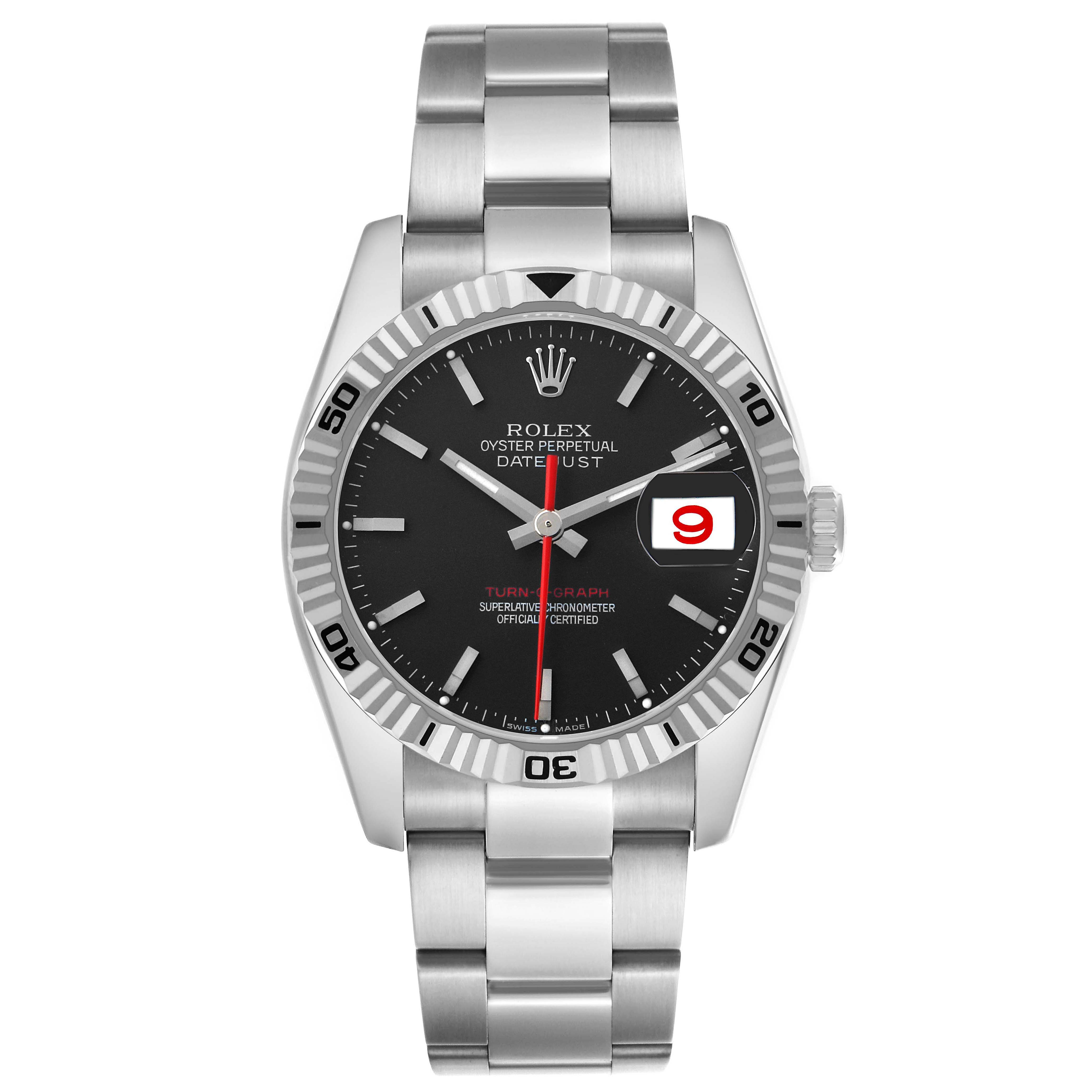 The Rolex Turn-o-Graph 116264 Men's Stainless Steel Black Dial watch is shown from the front, displaying its dial, bezel, and bracelet prominently.