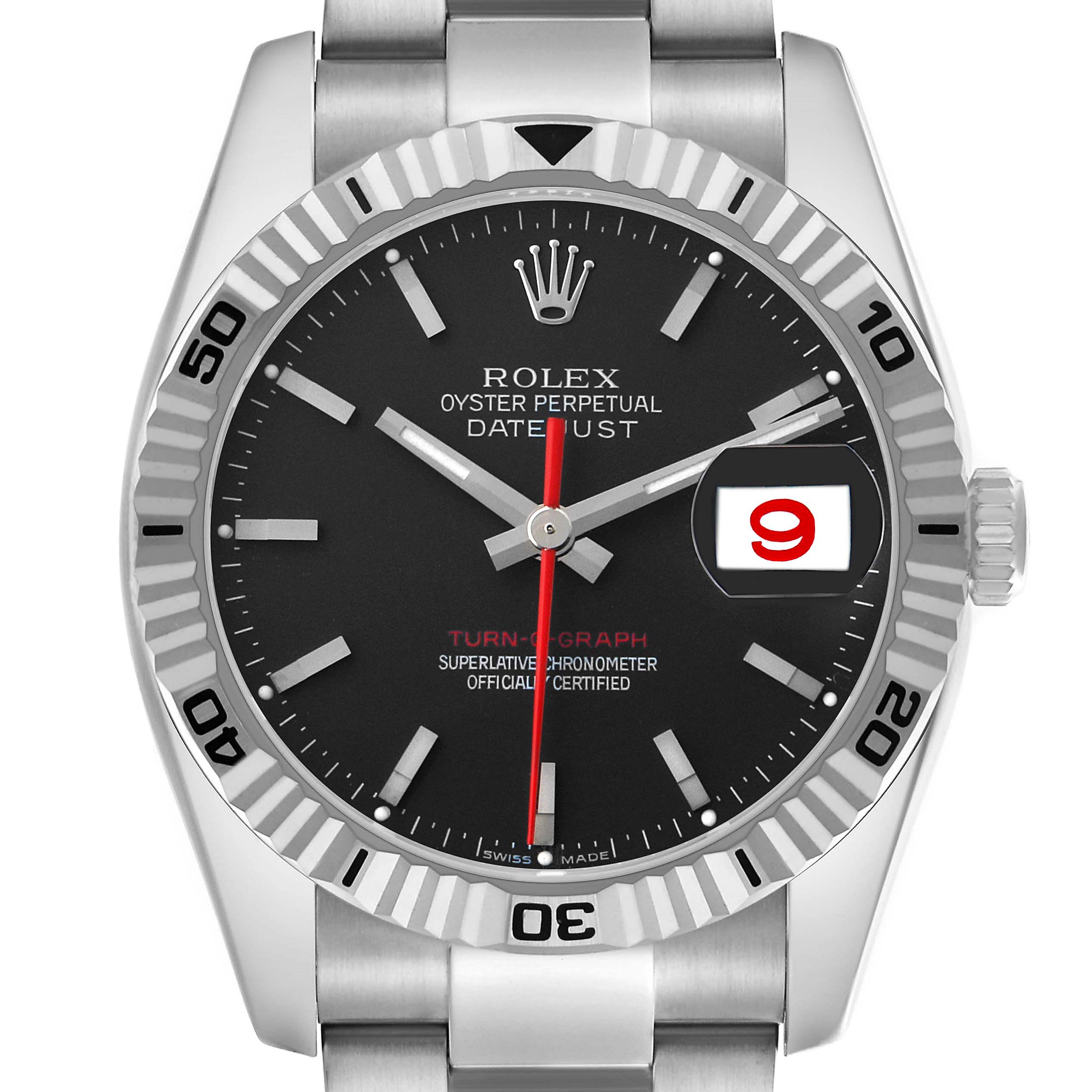 The image shows a frontal view of the Rolex Turn-o-Graph 116264 Men's Stainless Steel Black Dial watch, highlighting its bezel, dial, hands, and date window.