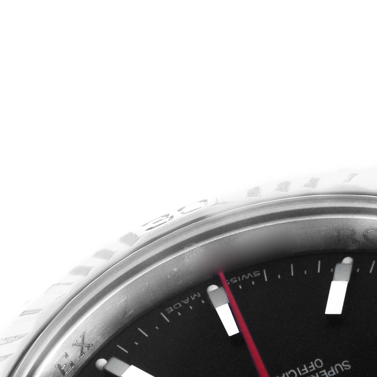 The image shows a close-up of the dial, bezel, and part of the casing edge of the Rolex Turn-o-Graph 116264 Men's Stainless Steel Black Dial watch.