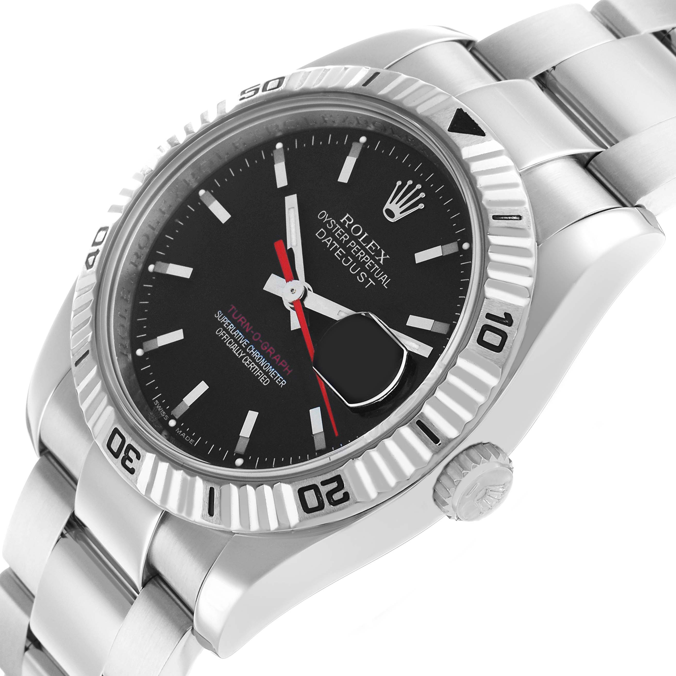 The Rolex Turn-o-Graph 116264 Men's Stainless Steel Black Dial watch is shown at a slight angle, highlighting the bezel, dial, bracelet, and crown.